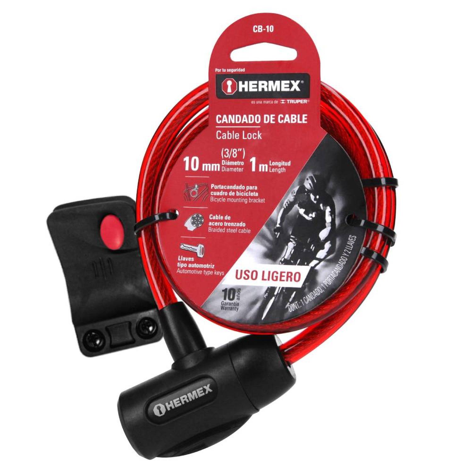 CANDADO DE CABLE DE ACERO 10 MM X 1 M CON LLAVE TIPO AUTOMOTRIZ HERMEX 43922 - 1