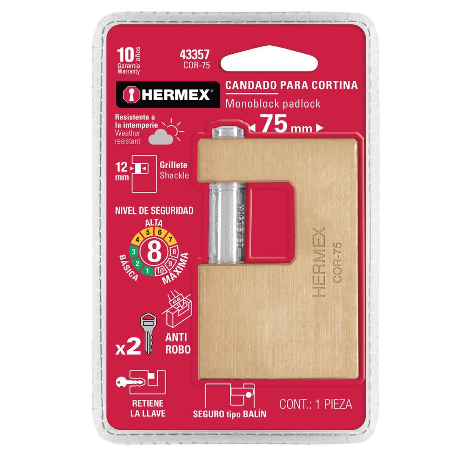 CANDADO DE LATÓN 75 MM ANTIPALANCA CON LLAVE TRADICIONAL NIVEL 8 HERMEX 43357 - 2