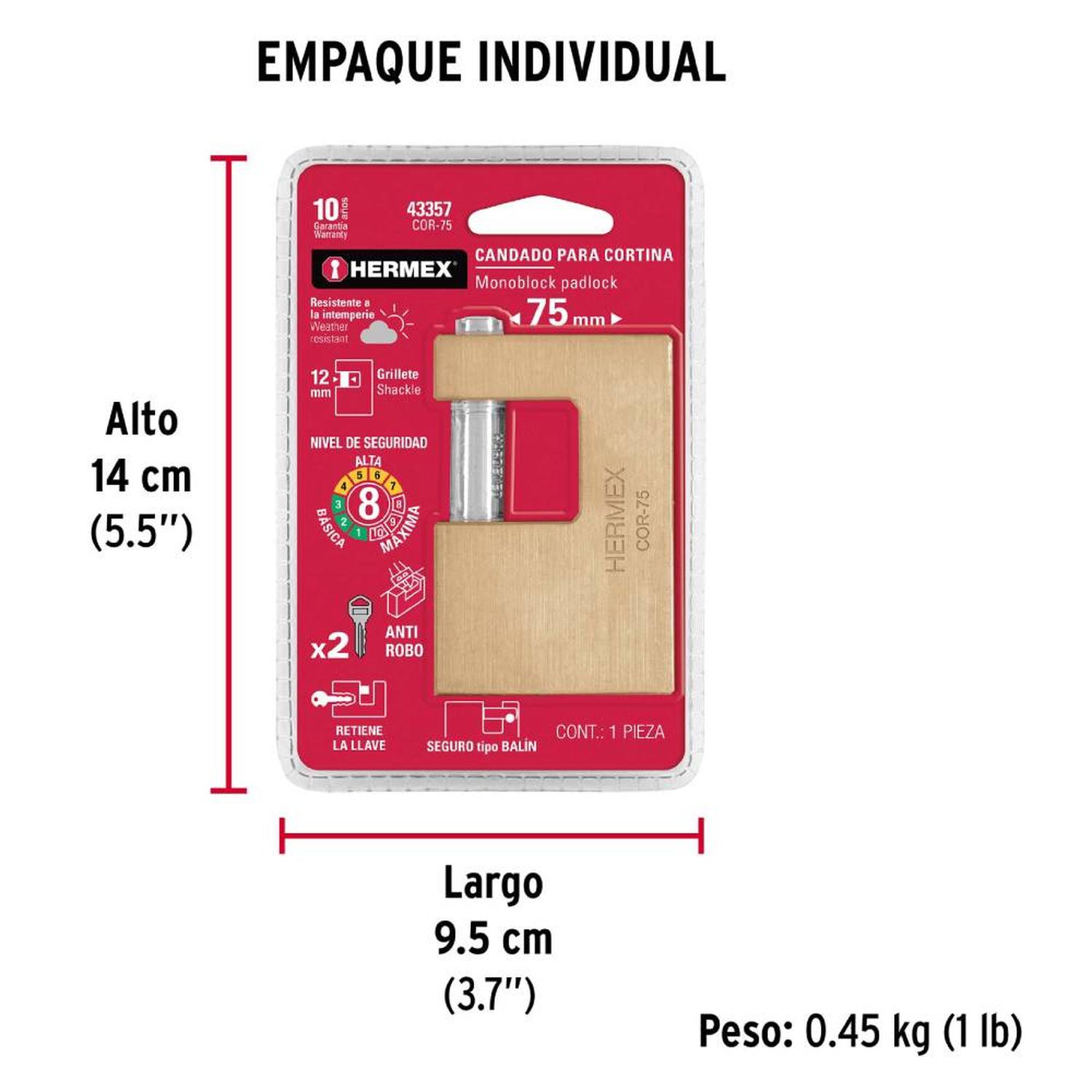 CANDADO DE LATÓN 75 MM ANTIPALANCA CON LLAVE TRADICIONAL NIVEL 8 HERMEX 43357 - 5