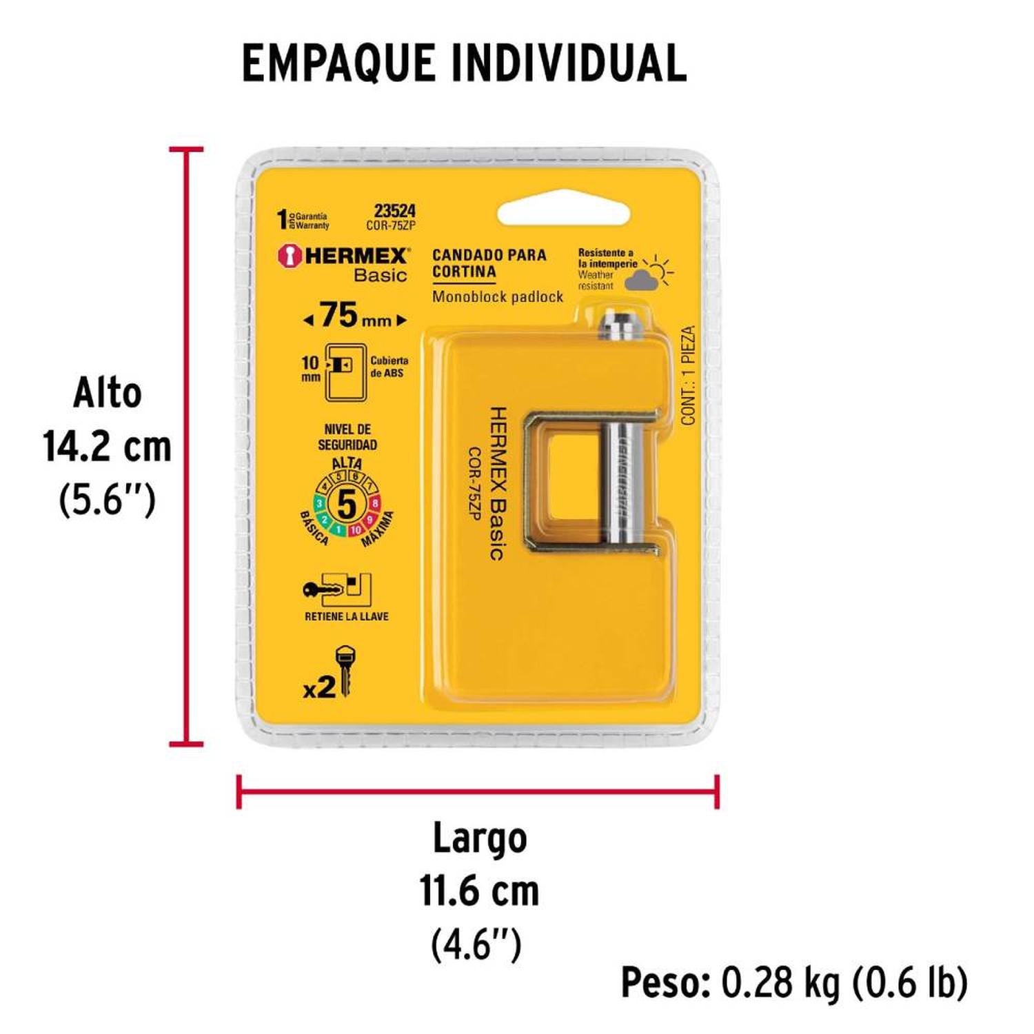 CANDADO METALICO RECUBRIMIENTO ABS 75 MM ANTIPALANCA CON LLAVE TRADICIONAL NIVEL 5 HERMEX 23524 - 5
