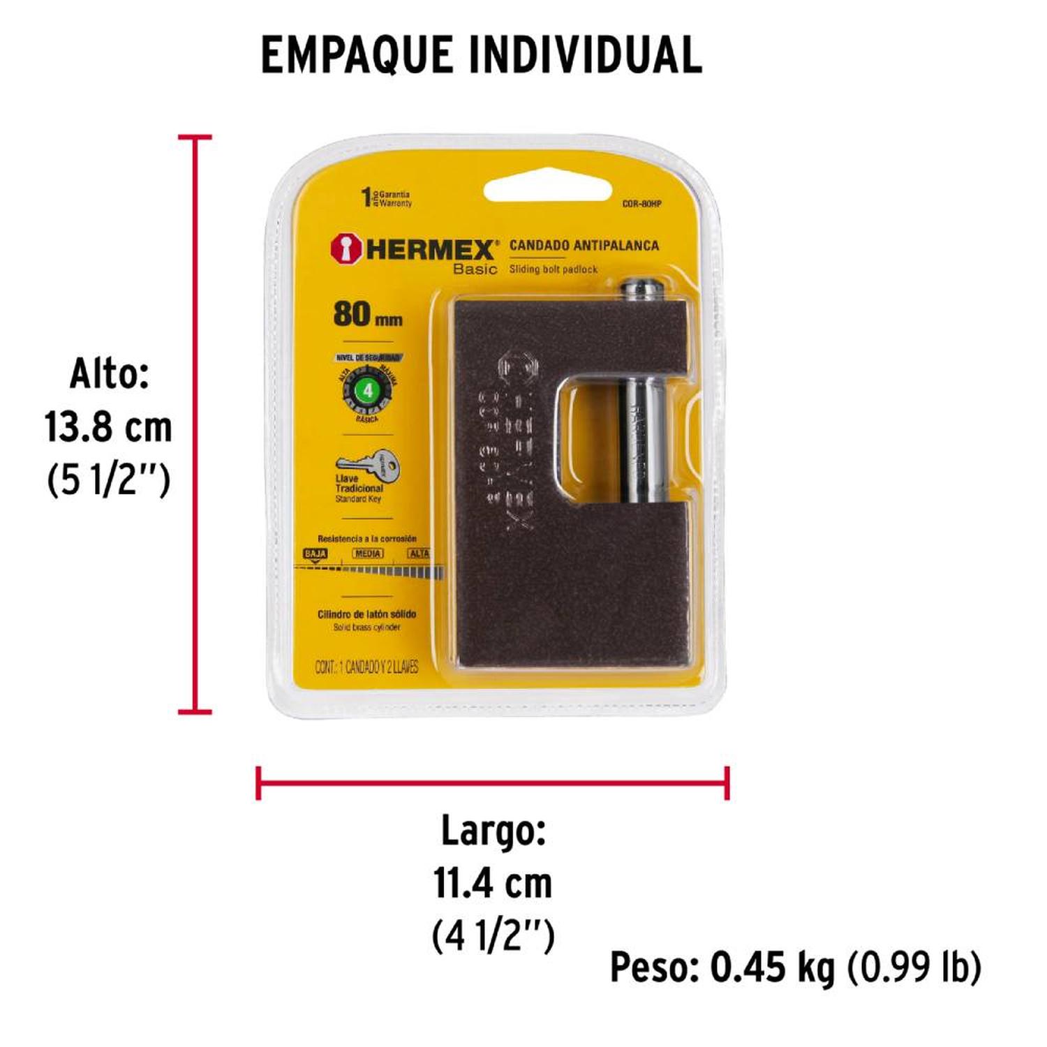 CANDADO DE HIERRO 80MM ANTIPALANCA CON LLAVE TRADICIONAL NIVEL 4 HERMEX 22517 - 4