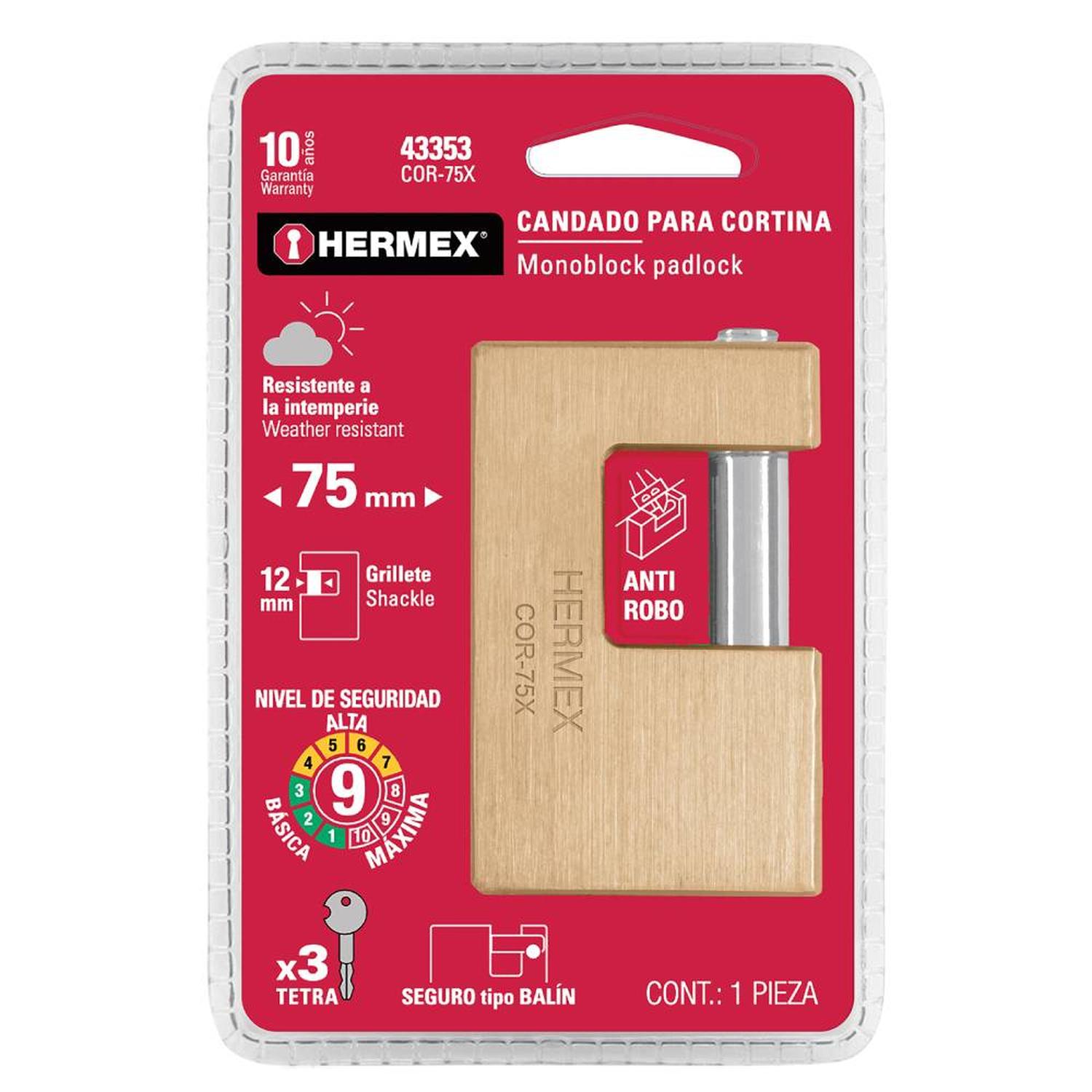 CANDADO DE LATÓN 75 MM ANTIPALANCA CON LLAVE TETRA NIVEL 9 HERMEX 43353 - 2