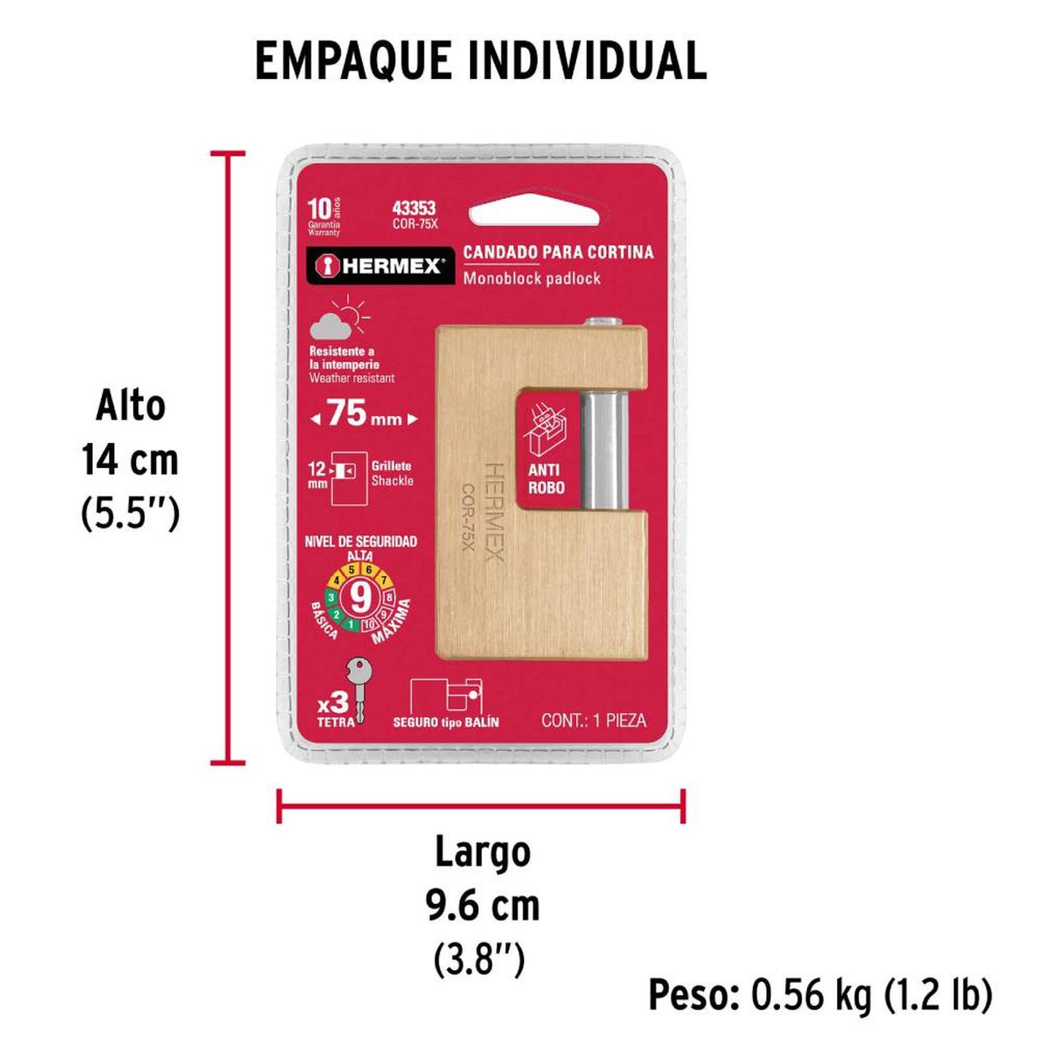 CANDADO DE LATÓN 75 MM ANTIPALANCA CON LLAVE TETRA NIVEL 9 HERMEX 43353 - 5