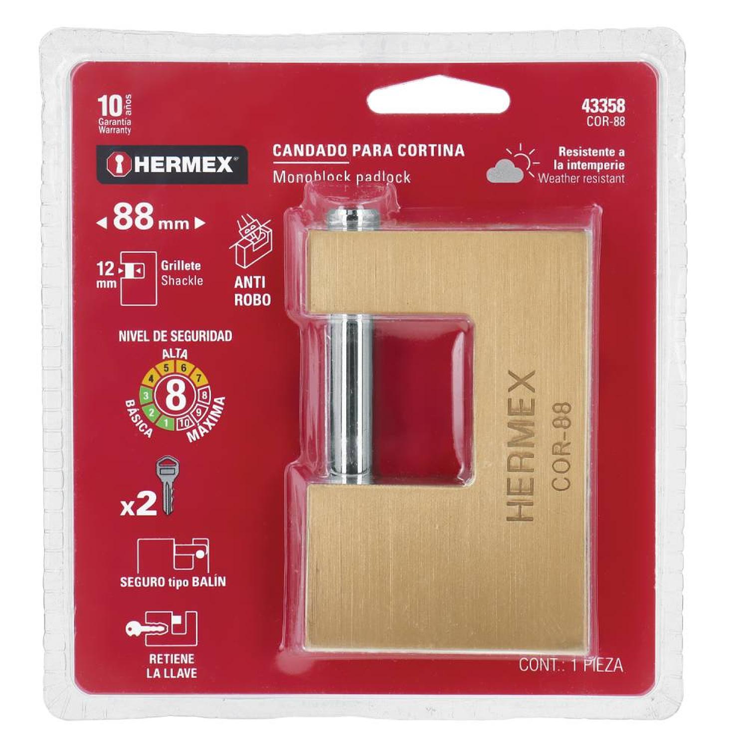 CANDADO DE LATÓN 88 MM ANTIPALANCA CON LLAVE TRADICIONAL NIVEL 8 HERMEX 43358 - 3