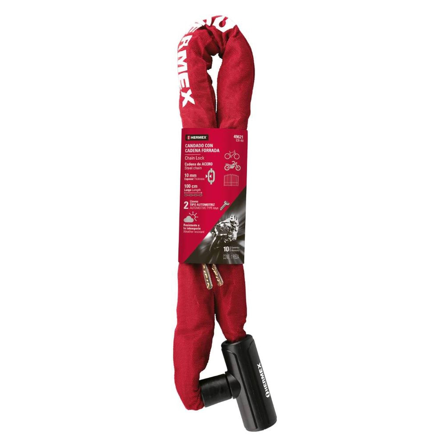 CANDADO CON CADENA FORRADA 10MM X 1M + LLAVE TIPO AUTOMOTRIZ HERMEX 49621 - 2