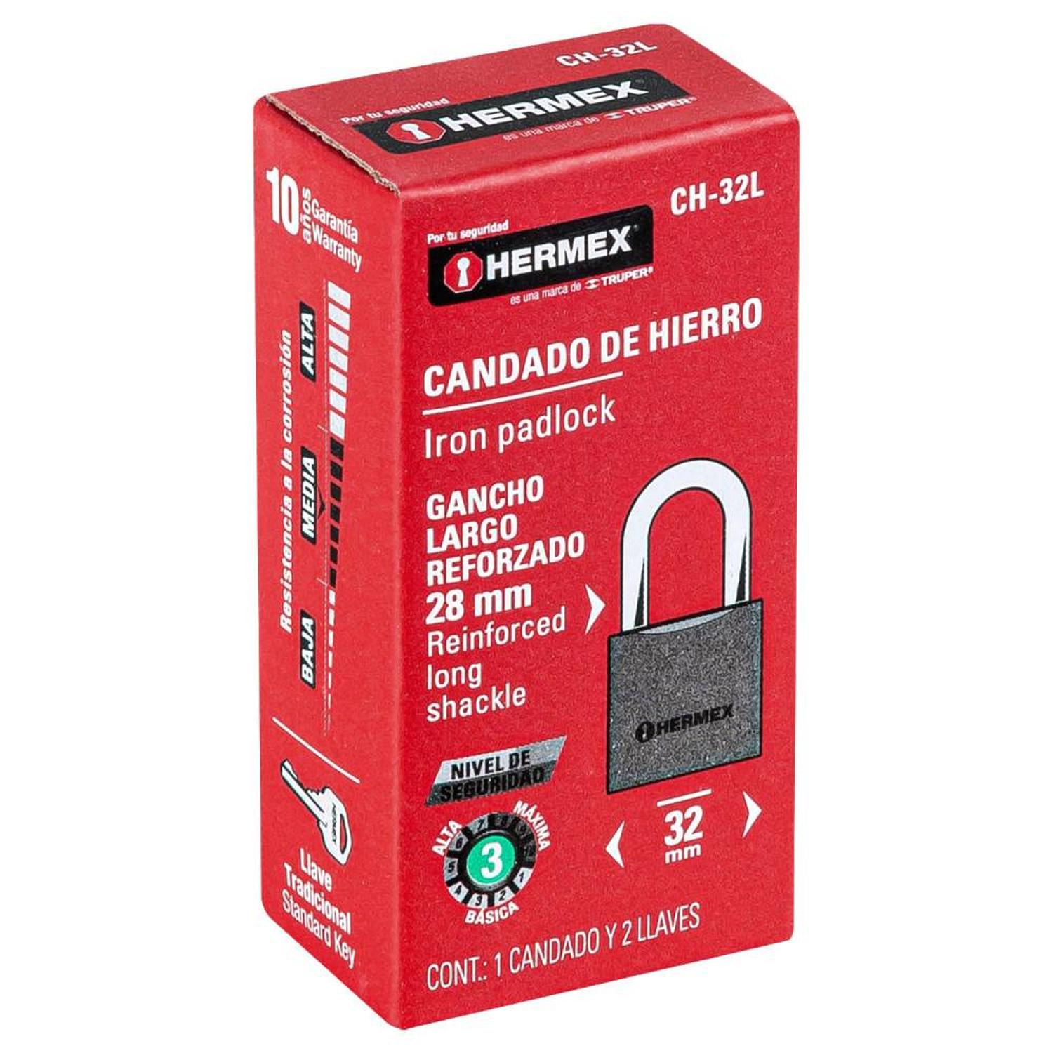 CANDADO DE HIERRO ARCO LARGO 32 MM CON LLAVE TRADICIONAL NIVEL 3 HERMEX 43793 - 2