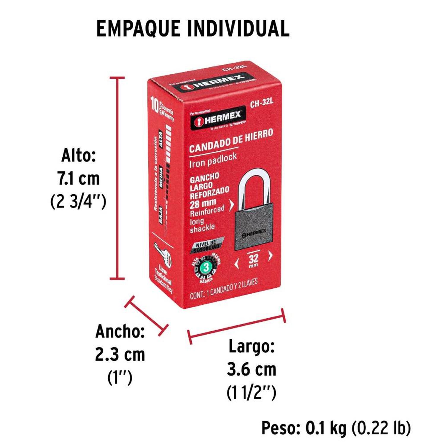CANDADO DE HIERRO ARCO LARGO 32 MM CON LLAVE TRADICIONAL NIVEL 3 HERMEX 43793 - 5