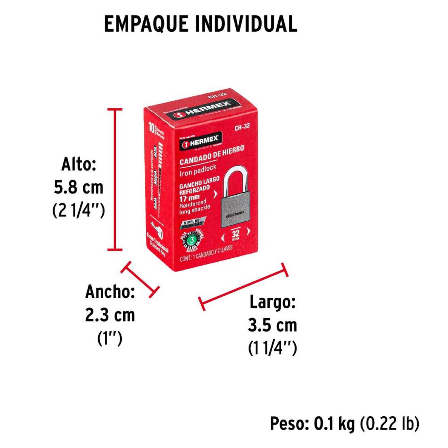CANDADO DE HIERRO ARCO CORTO 32 MM CON LLAVE TRADICIONAL NIVEL 3 HERMEX 43791 - 5