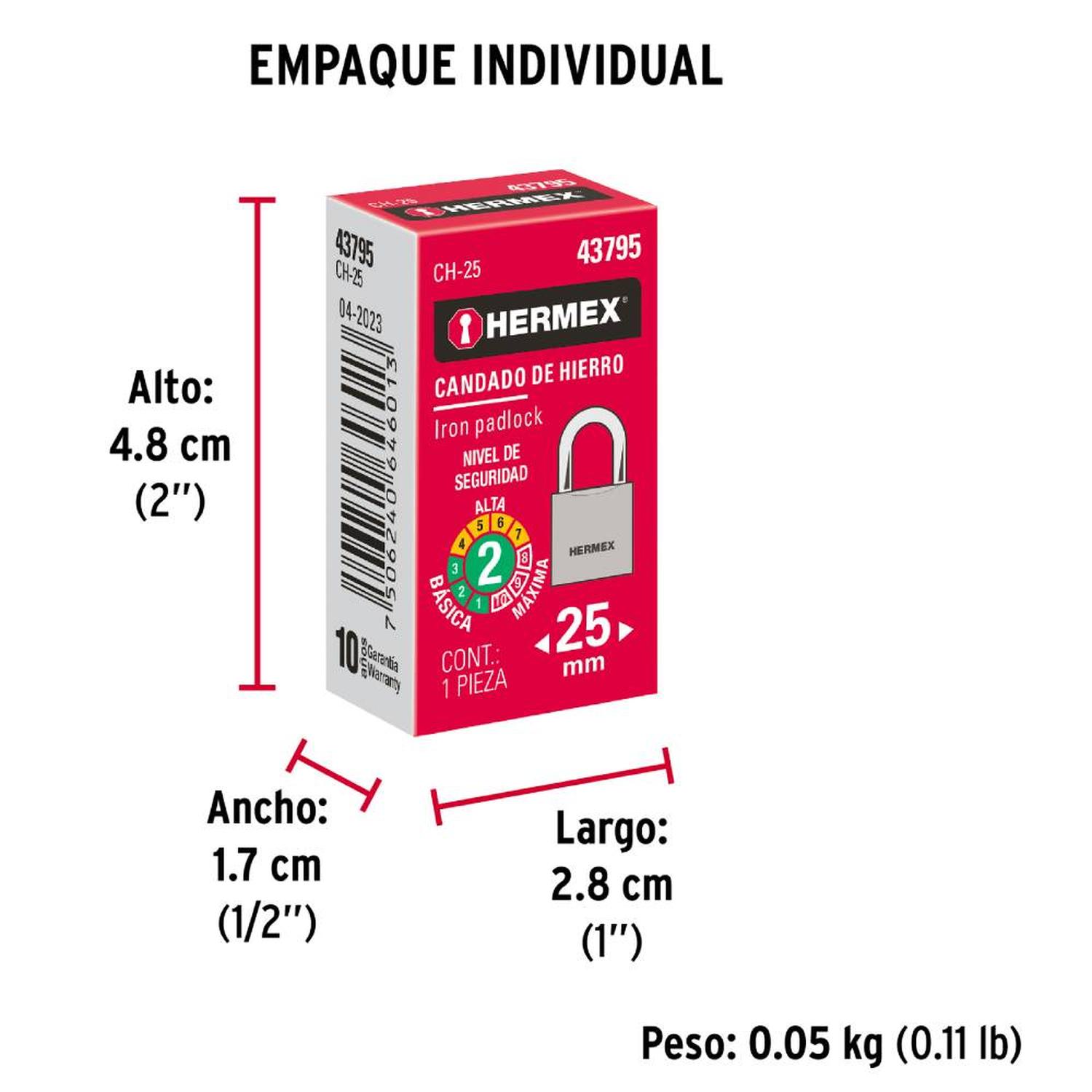 CANDADO DE HIERRO ARCO CORTO 25 MM CON LLAVE TRADICIONAL NIVEL 2 HERMEX 43795 - 5