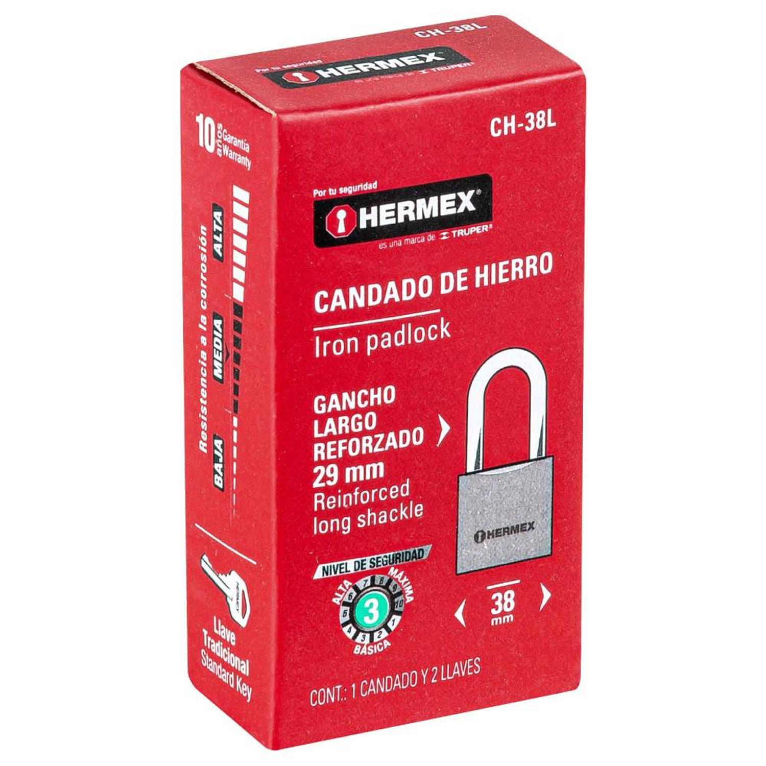 CANDADO DE HIERRO ARCO LARGO 38 MM CON LLAVE TRADICIONAL NIVEL 3 HERMEX 43323 - 2