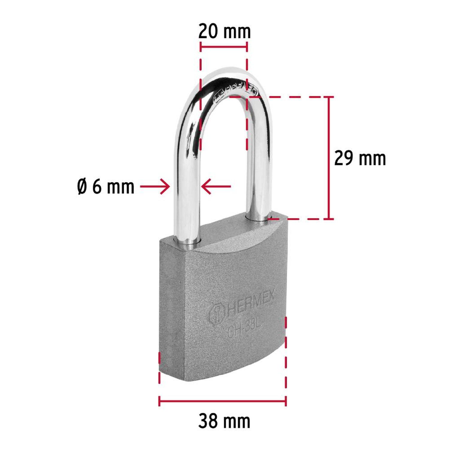 CANDADO DE HIERRO ARCO LARGO 38 MM CON LLAVE TRADICIONAL NIVEL 3 HERMEX 43323 - 3