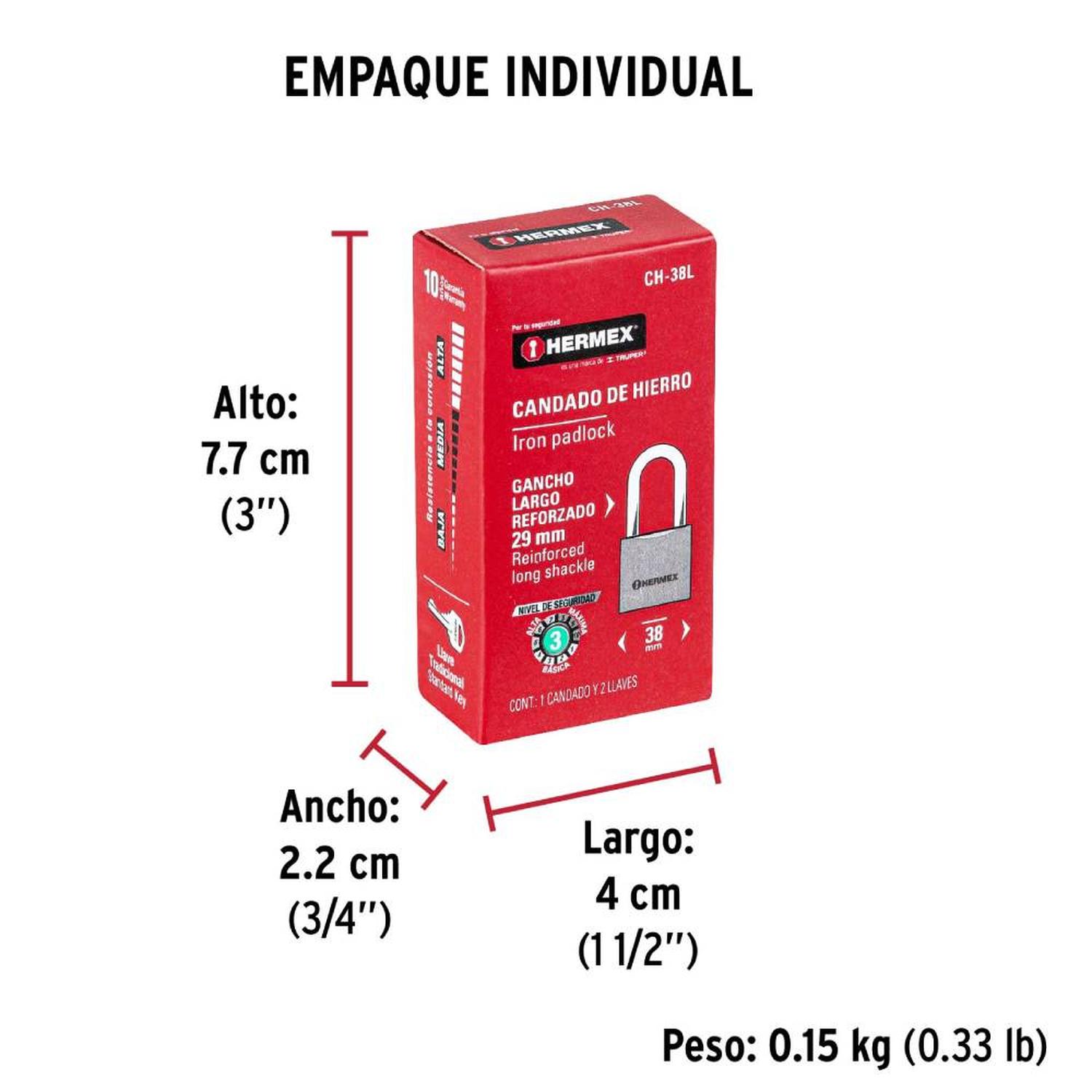 CANDADO DE HIERRO ARCO LARGO 38 MM CON LLAVE TRADICIONAL NIVEL 3 HERMEX 43323 - 5