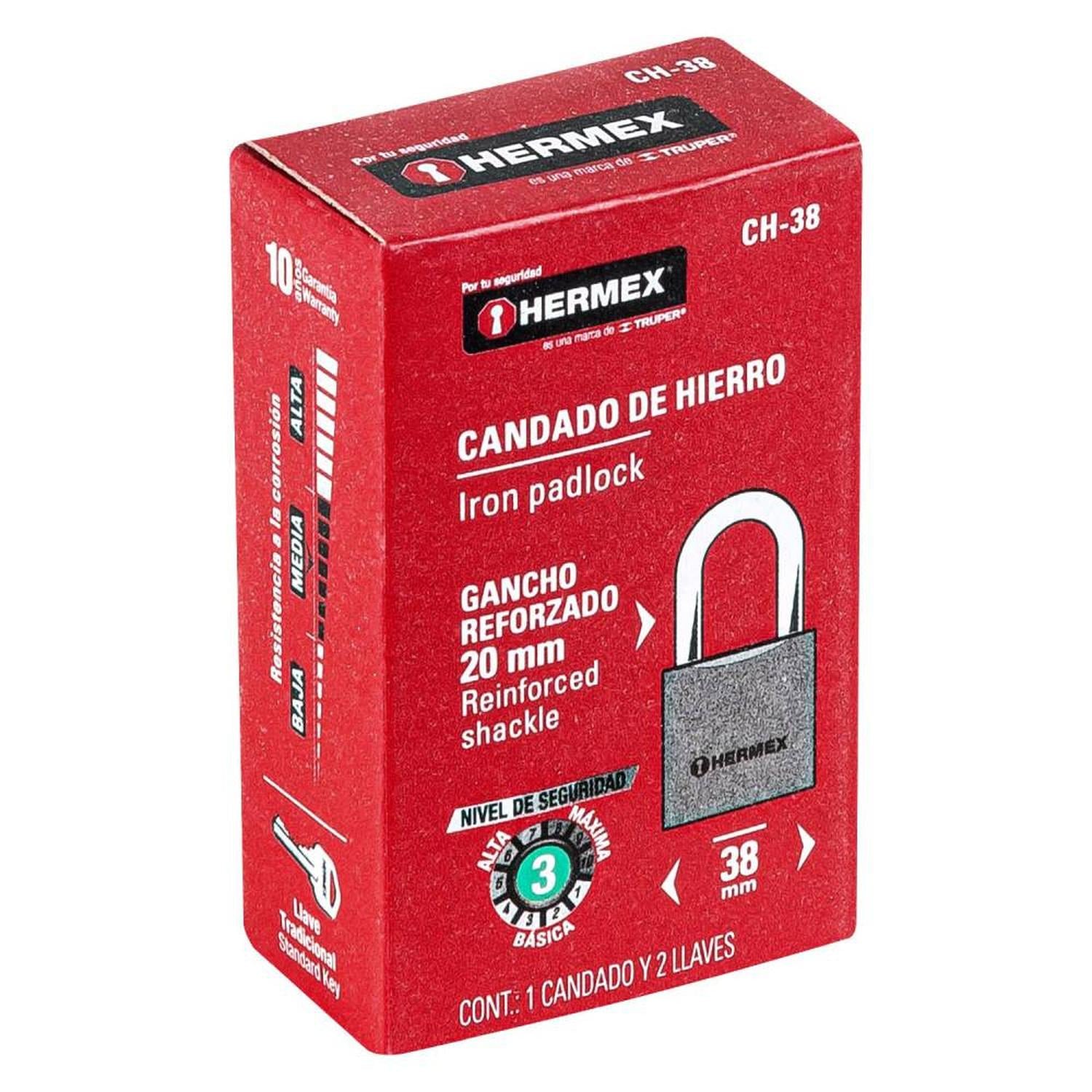 CANDADO DE HIERRO ARCO CORTO 38 MM CON LLAVE TRADICIONAL NIVEL 3 HERMEX 43315 - 2