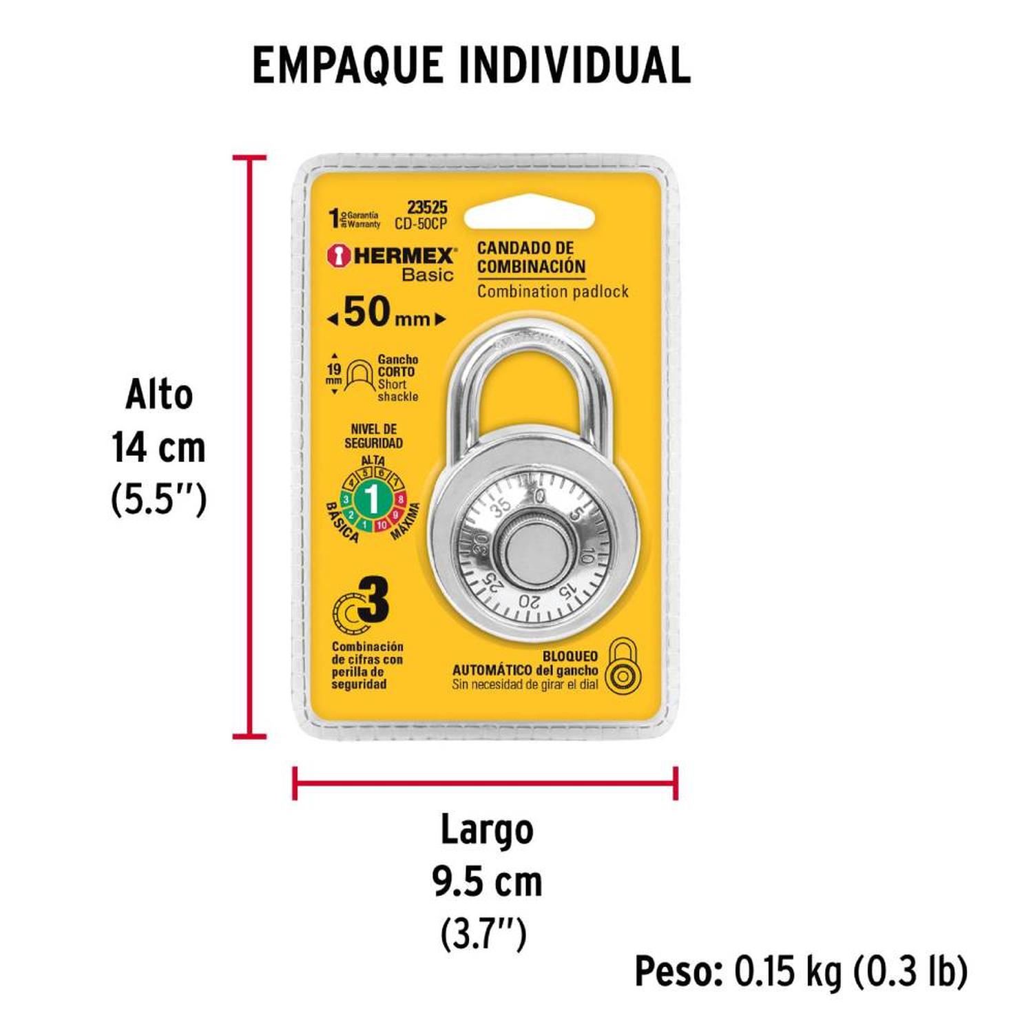 CANDADO DE ACERO 50 MM TIPO DISCO DE COMBINACION NIVEL 1 HERMEX 23525 - 5