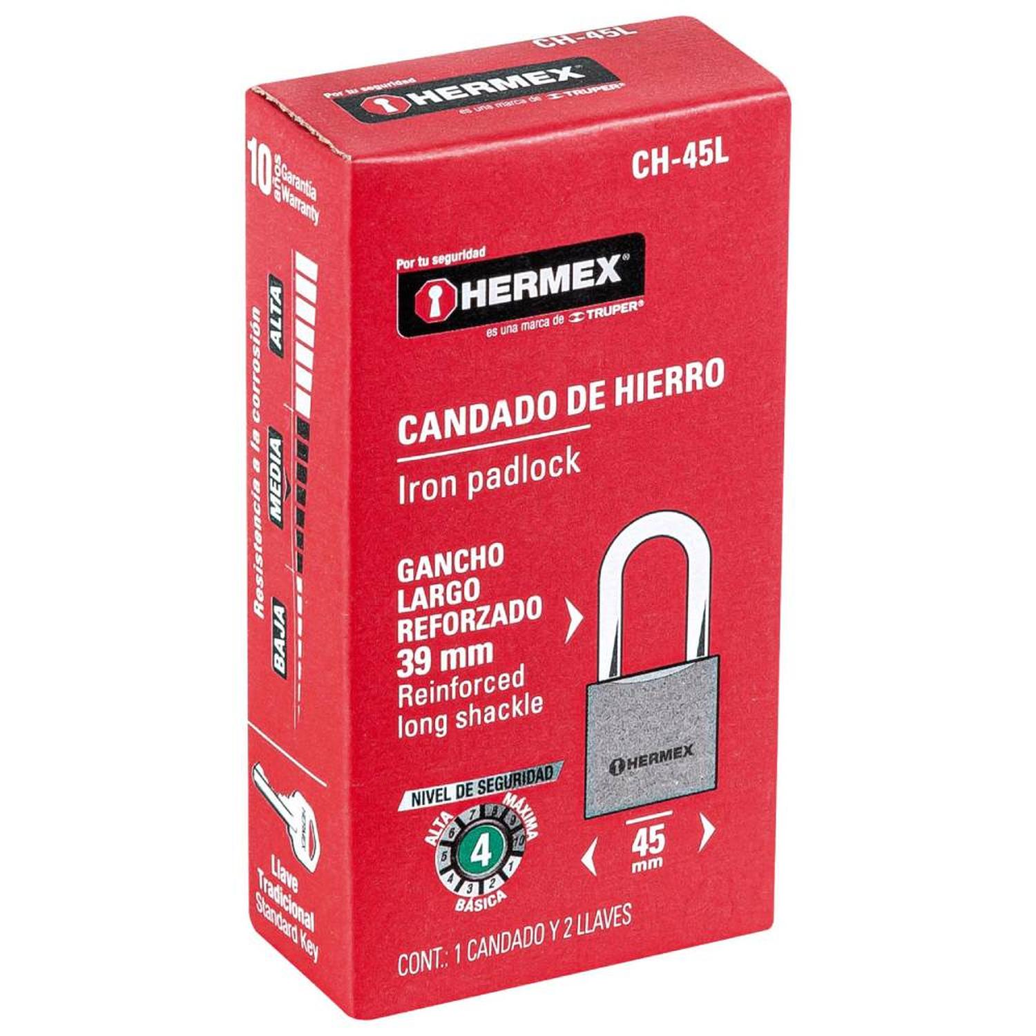 CANDADO DE HIERRO ARCO LARGO 45 MM CON LLAVE TRADICIONAL NIVEL 4 HERMEX 43324 - 2