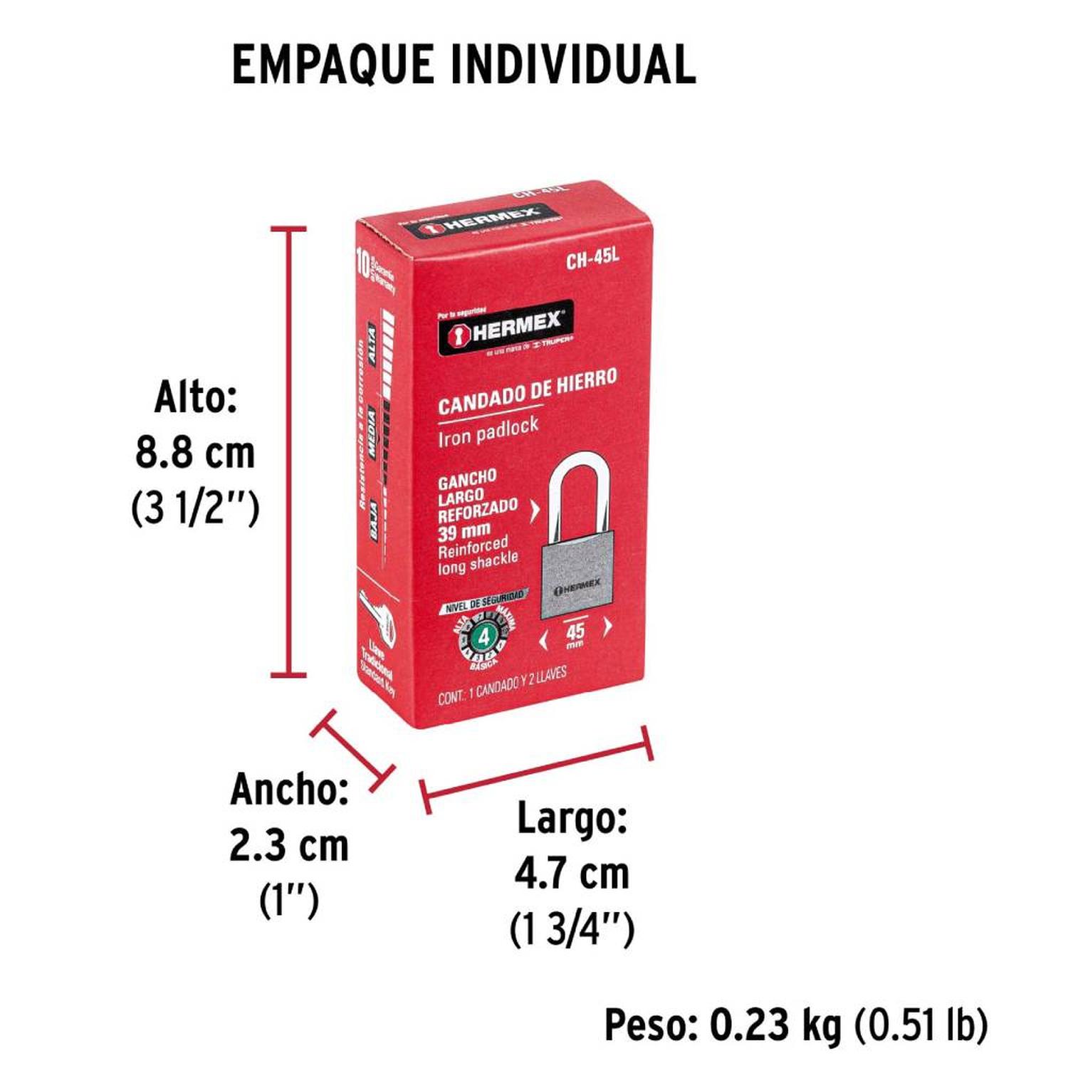 CANDADO DE HIERRO ARCO LARGO 45 MM CON LLAVE TRADICIONAL NIVEL 4 HERMEX 43324 - 5