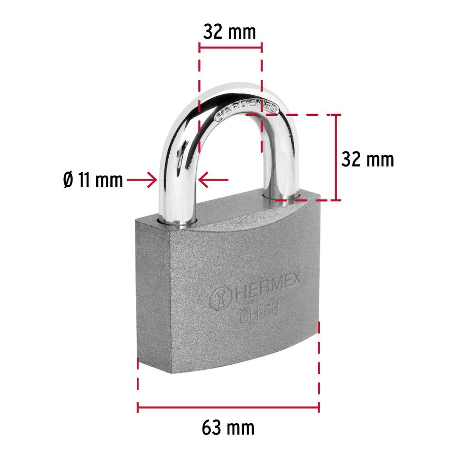 CANDADO DE HIERRO ARCO CORTO 63 MM CON LLAVE TRADICIONAL NIVEL 5 HERMEX 43801 - 3