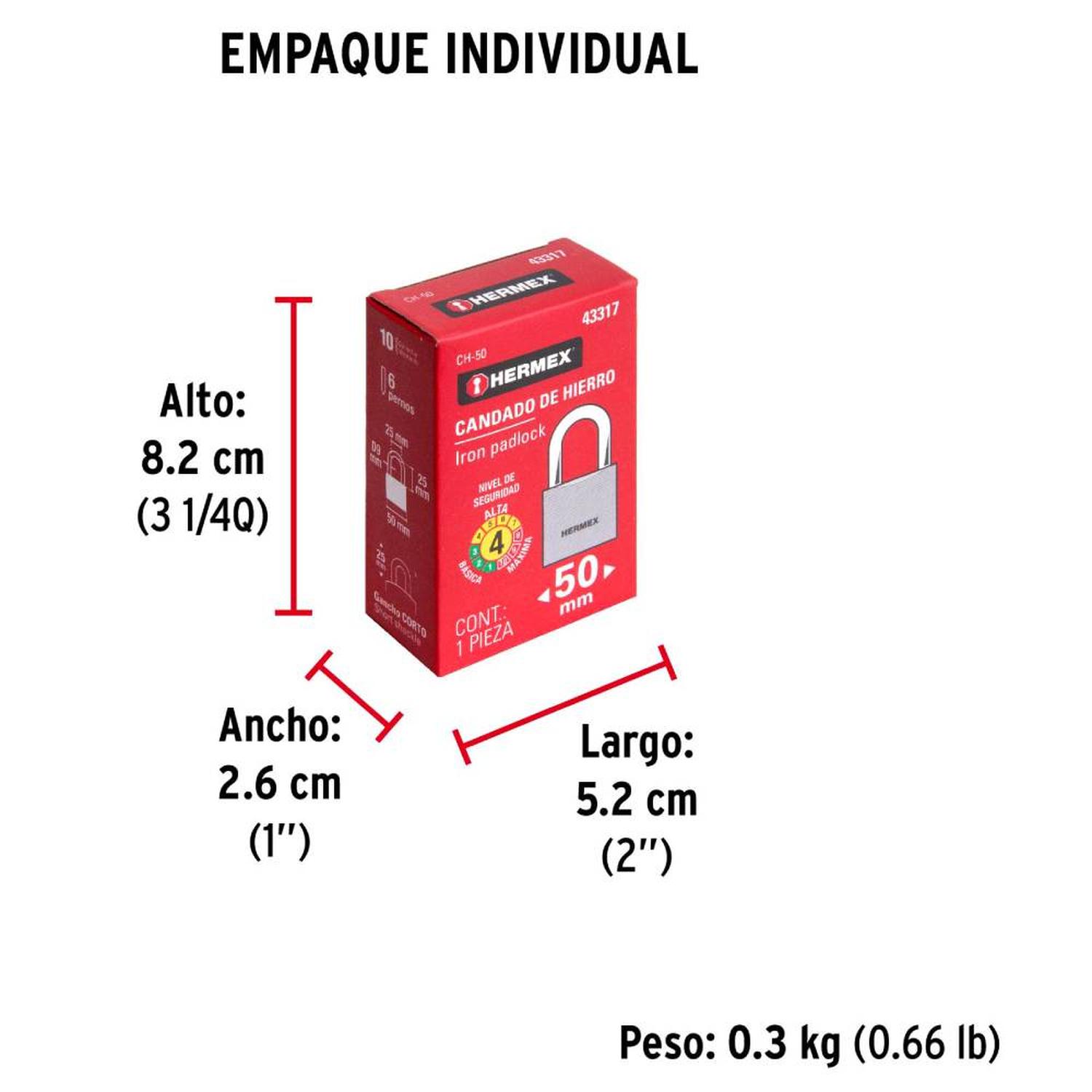 CANDADO DE HIERRO ARCO CORTO 50 MM CON LLAVE TRADICIONAL NIVEL 4 HERMEX 43317 - 5