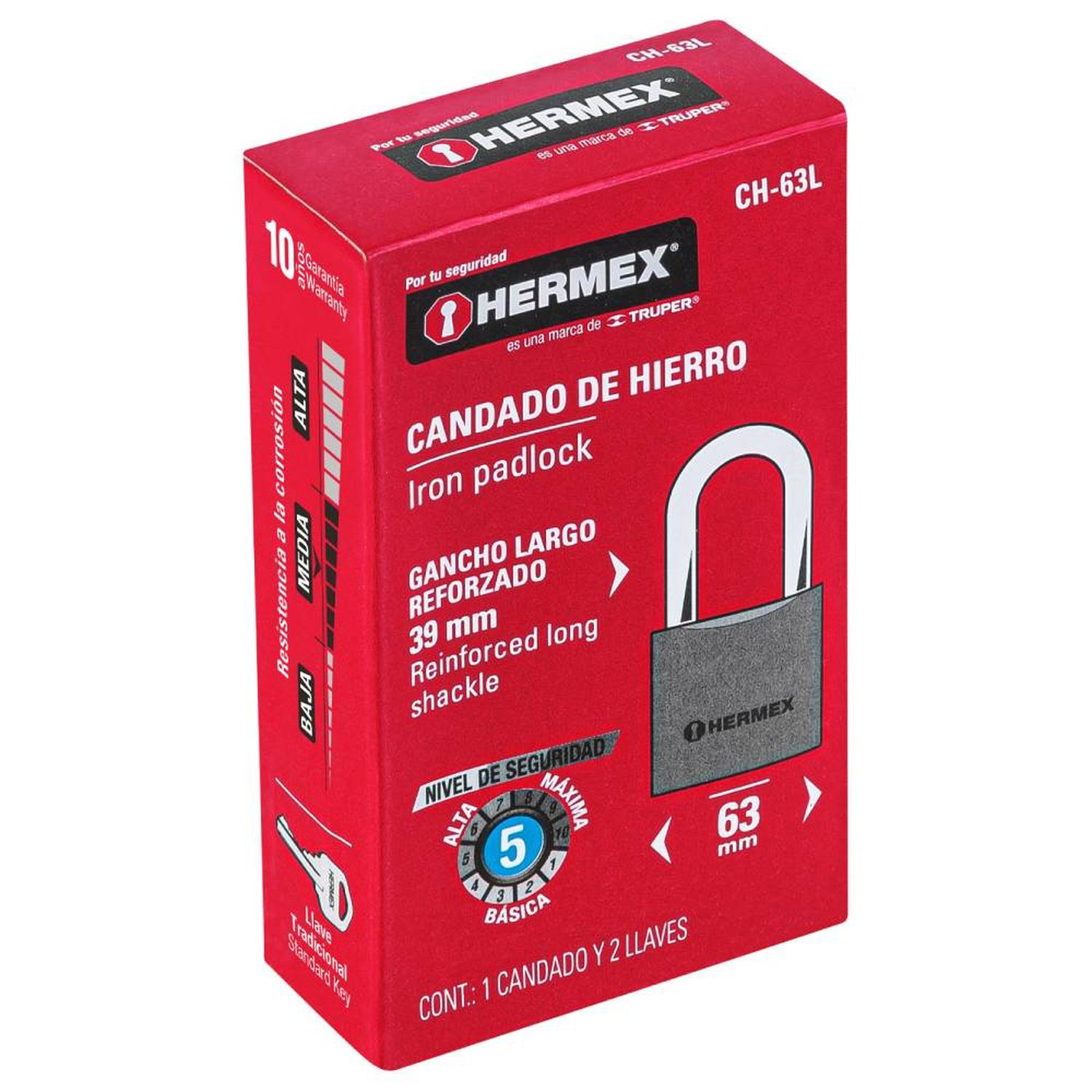 CANDADO DE HIERRO ARCO LARGO 63 MM CON LLAVE TRADICIONAL NIVEL 5 HERMEX 43802 - 2