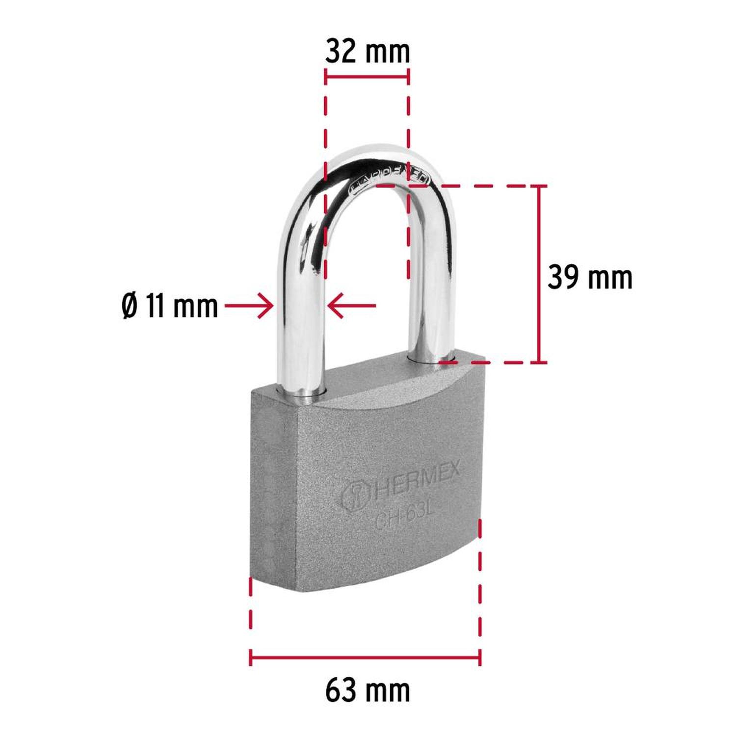 CANDADO DE HIERRO ARCO LARGO 63 MM CON LLAVE TRADICIONAL NIVEL 5 HERMEX 43802 - 3