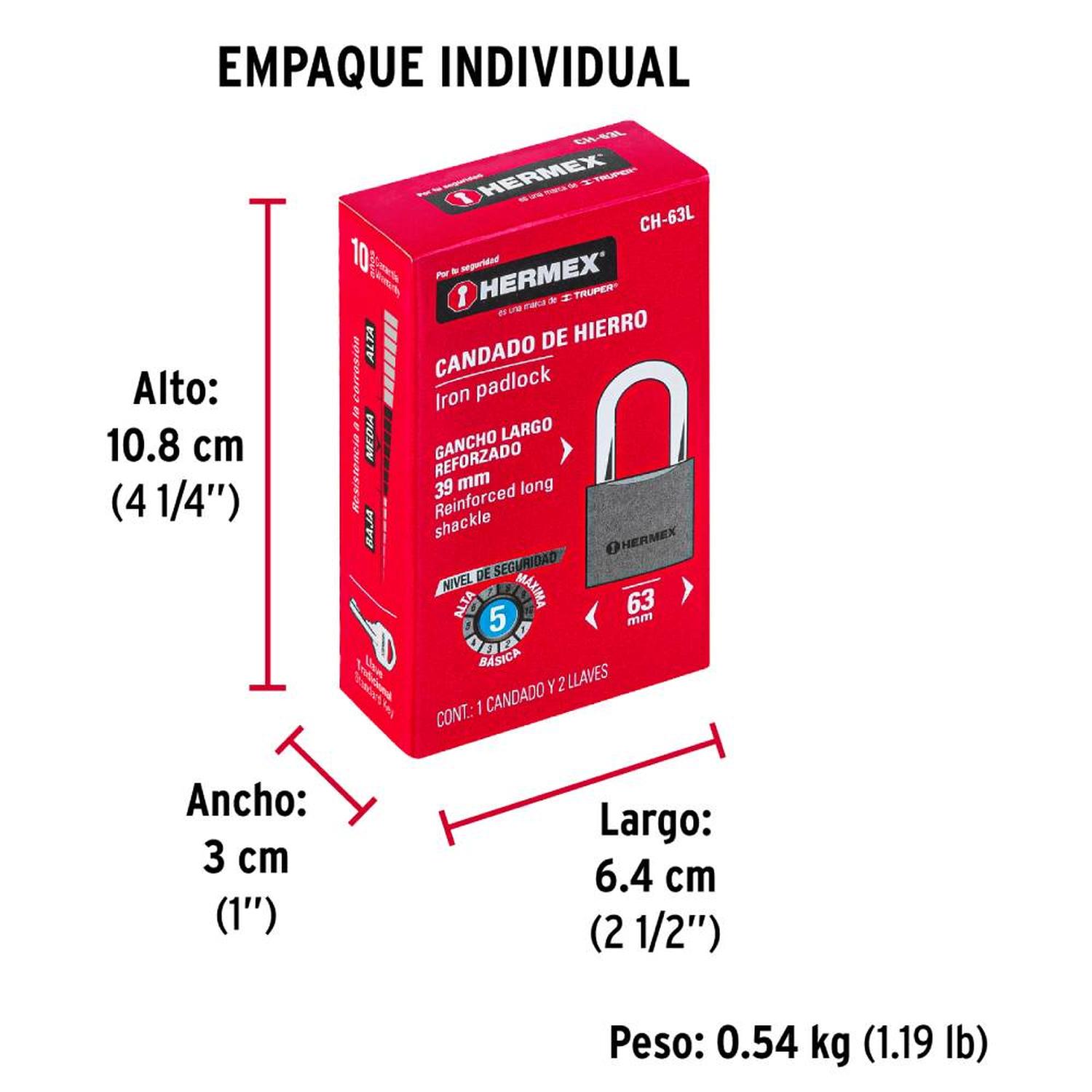 CANDADO DE HIERRO ARCO LARGO 63 MM CON LLAVE TRADICIONAL NIVEL 5 HERMEX 43802 - 5