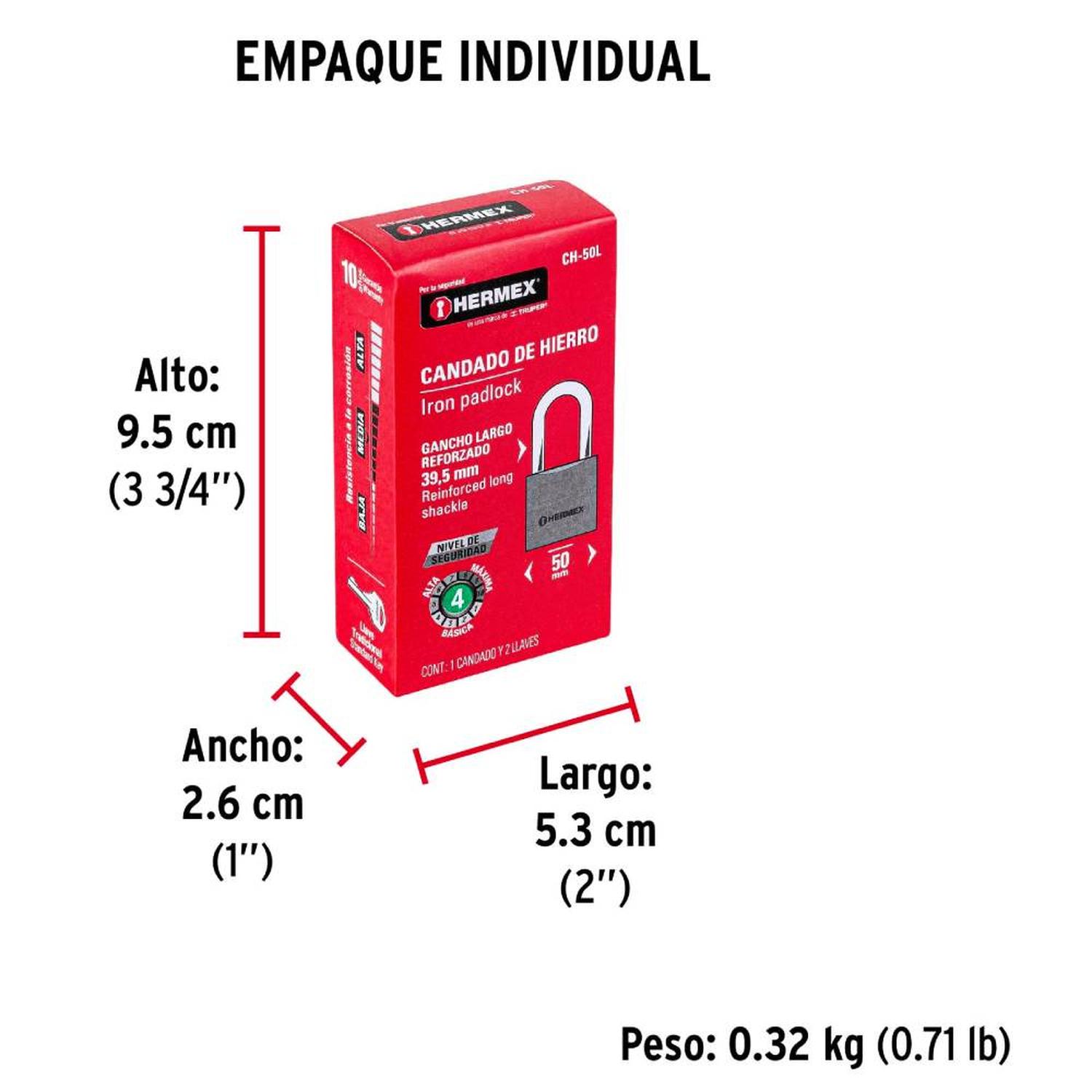CANDADO DE HIERRO ARCO LARGO 50 MM CON LLAVE TRADICIONAL NIVEL 4 HERMEX 43325 - 5