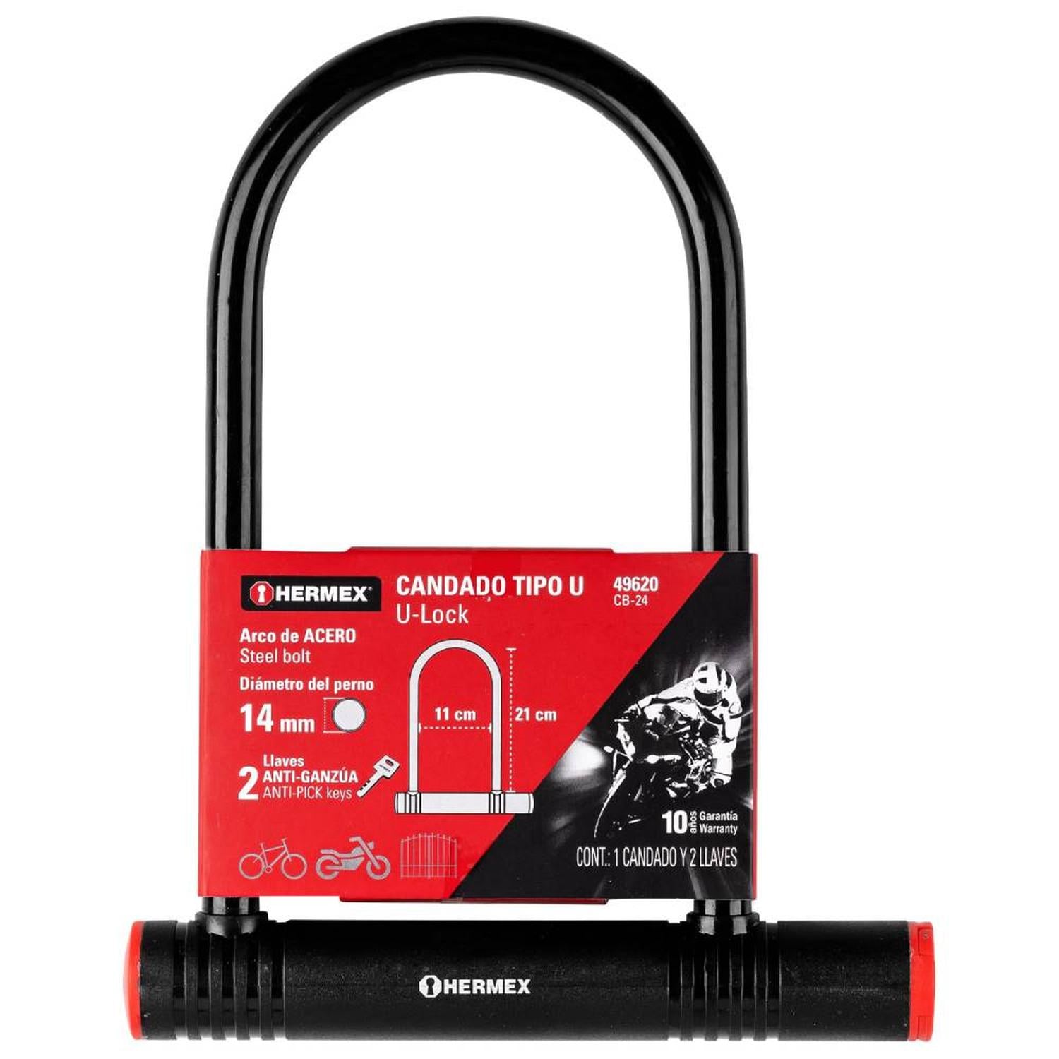 CANDADO RIGIDO TIPO U 12 MM NIVEL 7 CON LLAVE TIPO DISCO HERMEX 49620 - 1