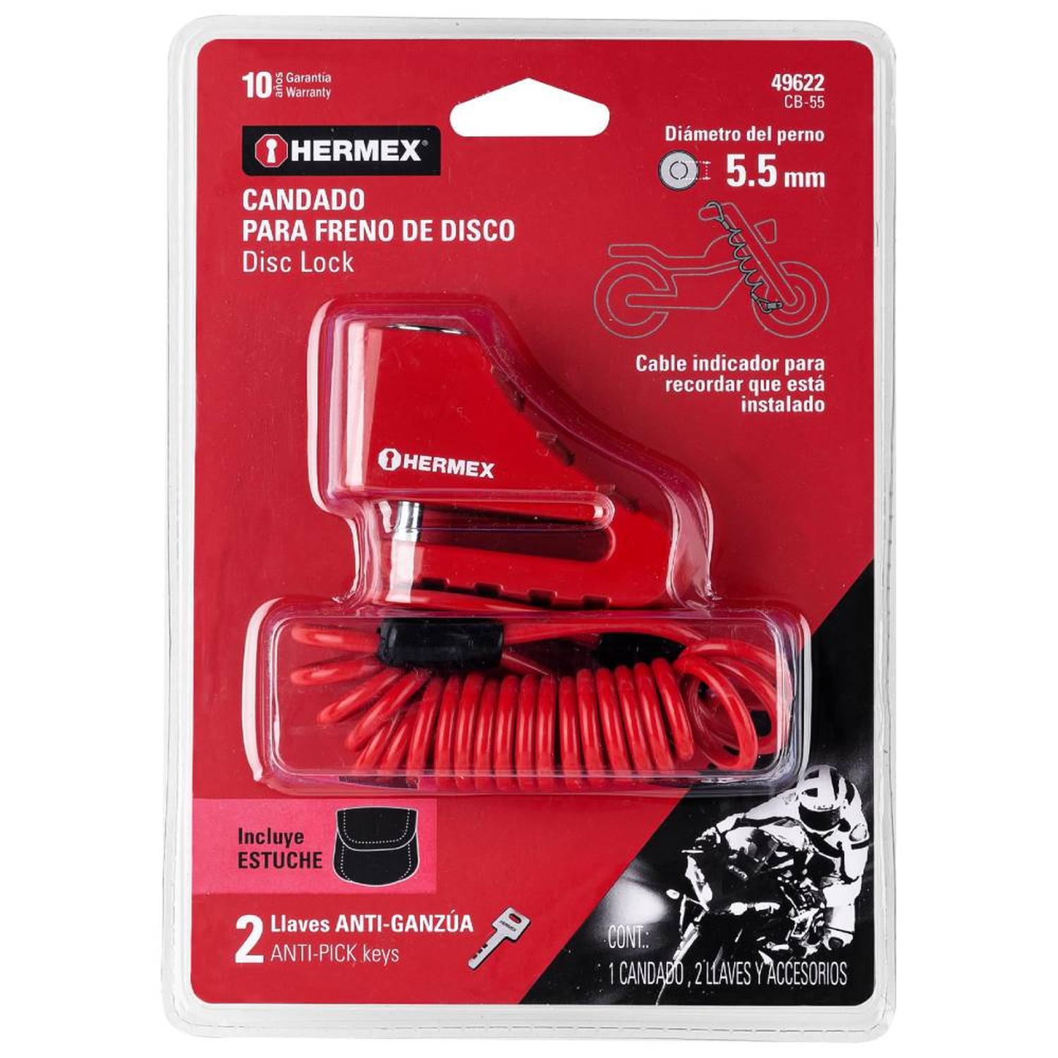CANDADO PARA DISCO DE MOTOCICLETA 5,5 MM CON LLAVE ANTI-GANZUA HERMEX 49622 - 2