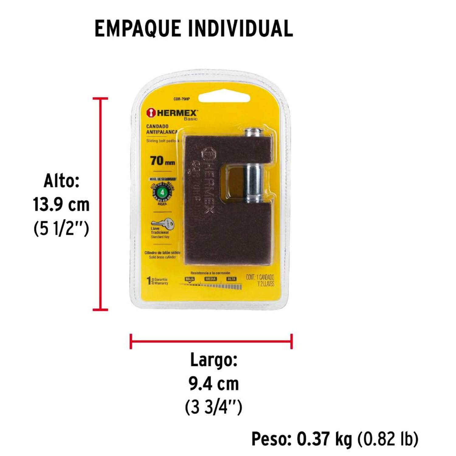 CANDADO DE HIERRO 70MM ANTIPALANCA CON LLAVE TRADICIONAL NIVEL 4 HERMEX 23540 - 4