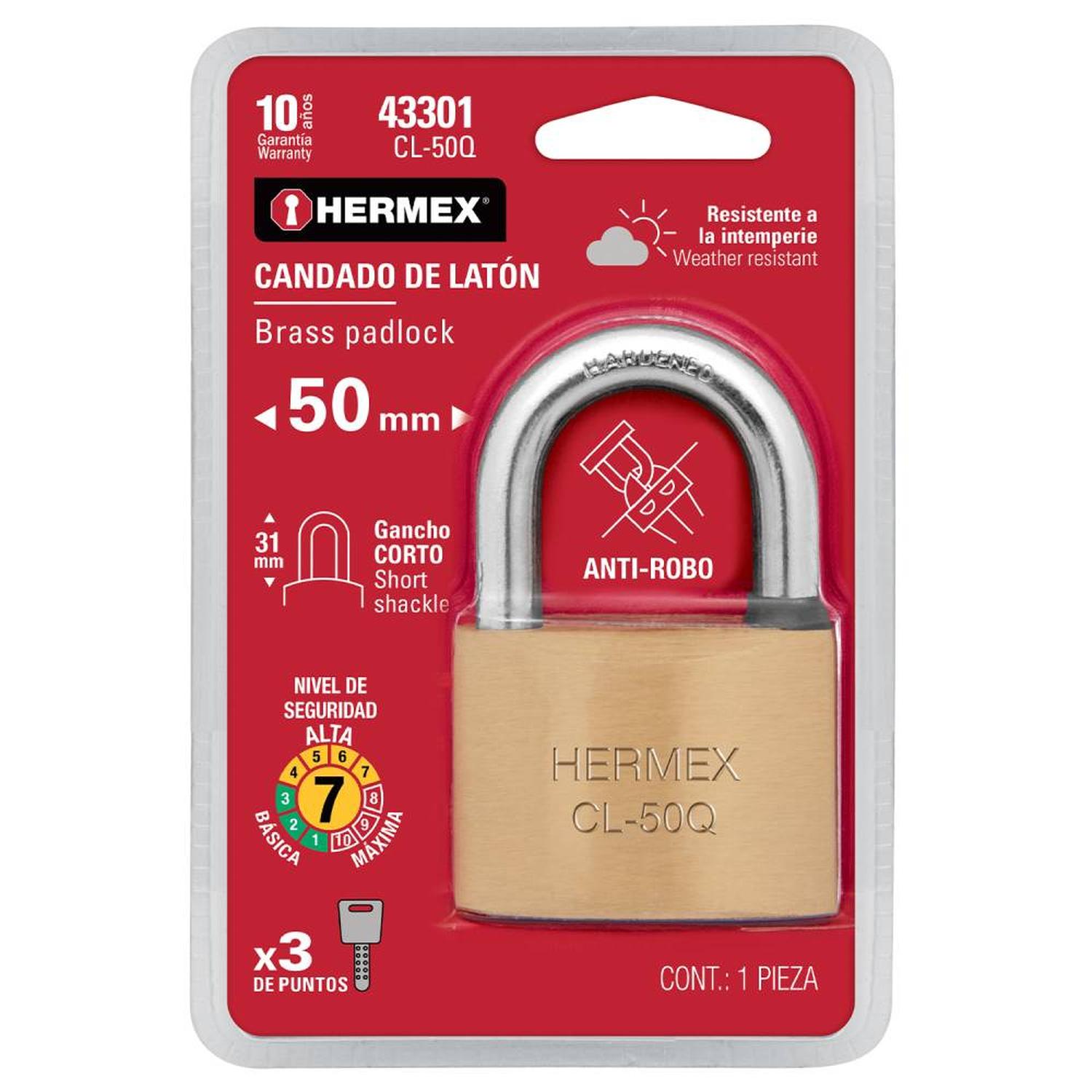 CANDADO DE LATON 50 MM ARCO CORTO CON LLAVE DE PUNTOS NIVEL 7 HERMEX 43301 - 2