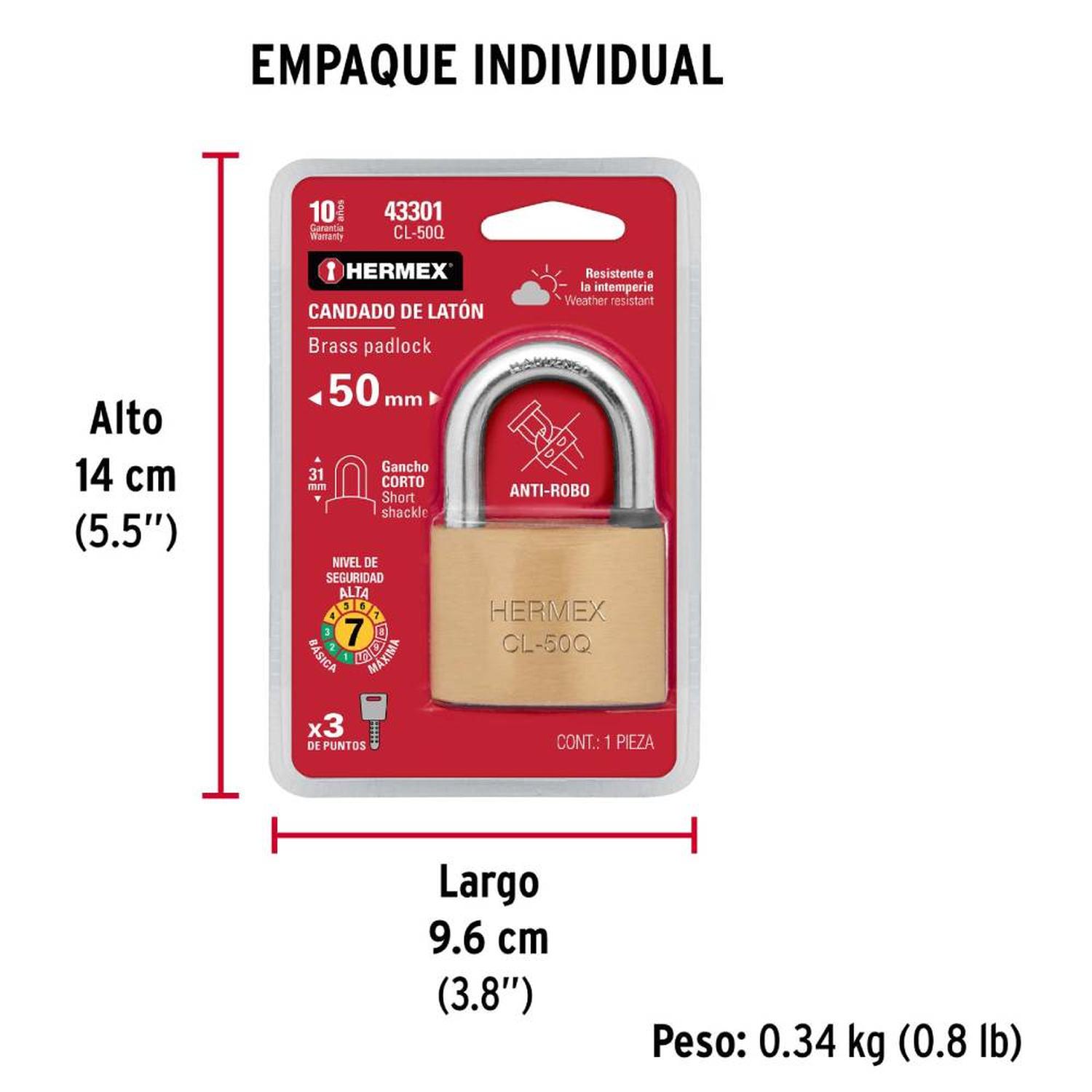 CANDADO DE LATON 50 MM ARCO CORTO CON LLAVE DE PUNTOS NIVEL 7 HERMEX 43301 - 5