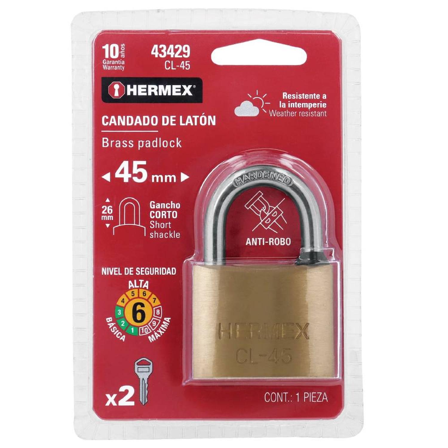 CANDADO DE LATON 45 MM ARCO CORTO CON LLAVE TRADICIONAL NIVEL 6 HERMEX 43429 - 2