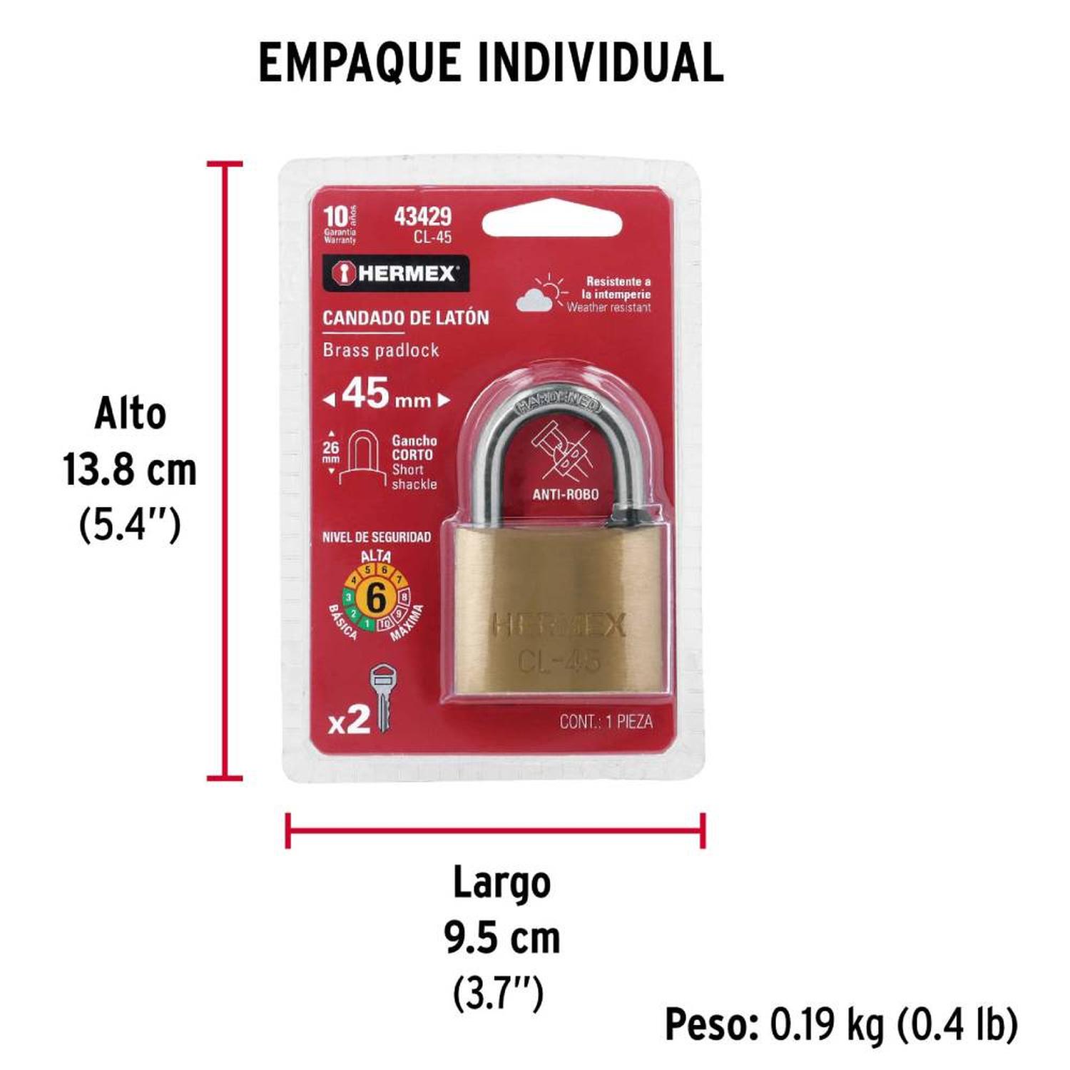 CANDADO DE LATON 45 MM ARCO CORTO CON LLAVE TRADICIONAL NIVEL 6 HERMEX 43429 - 5