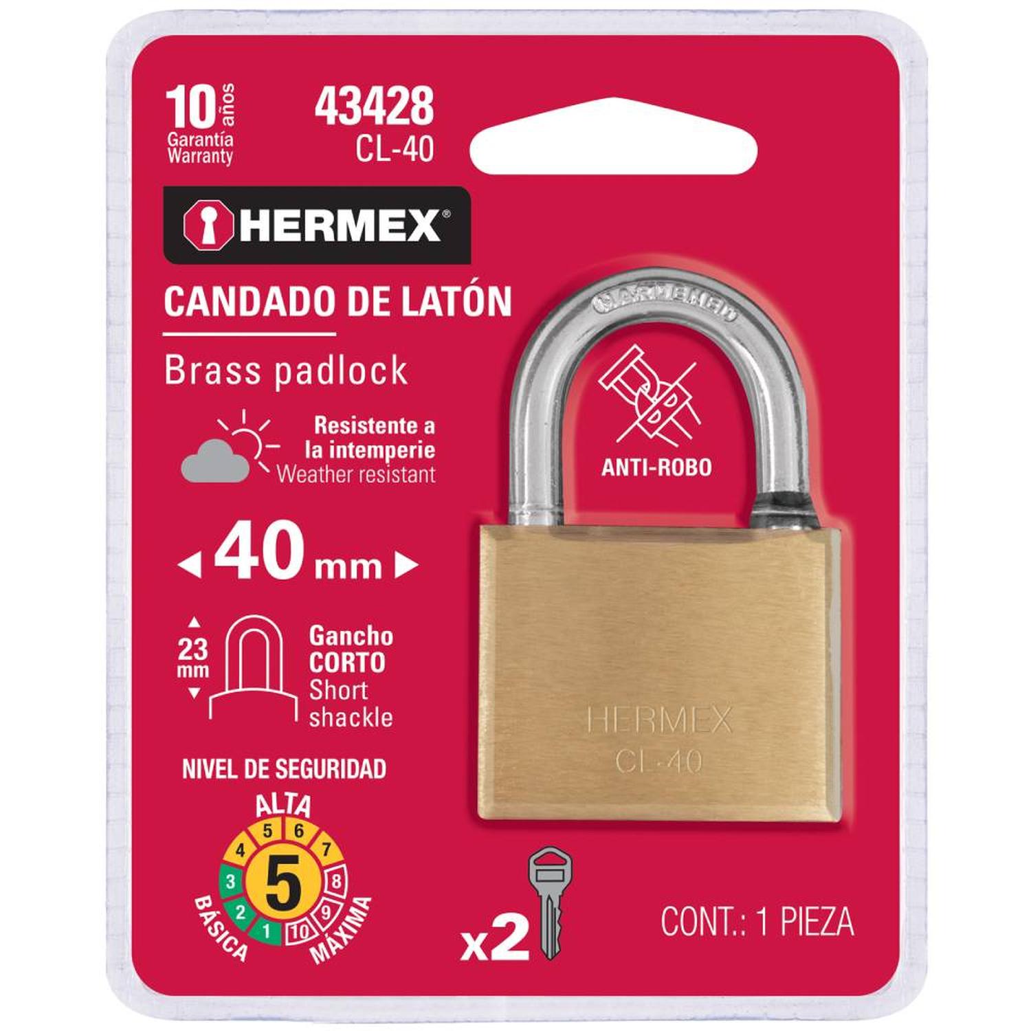 CANDADO DE LATON 40 MM ARCO CORTO CON LLAVE TRADICIONAL NIVEL 5 HERMEX 43428 - 2