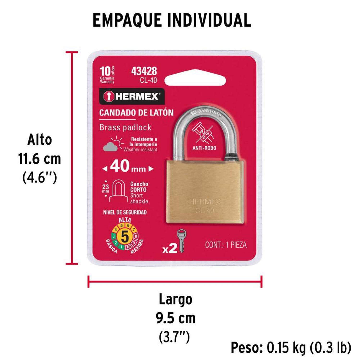CANDADO DE LATON 40 MM ARCO CORTO CON LLAVE TRADICIONAL NIVEL 5 HERMEX 43428 - 5