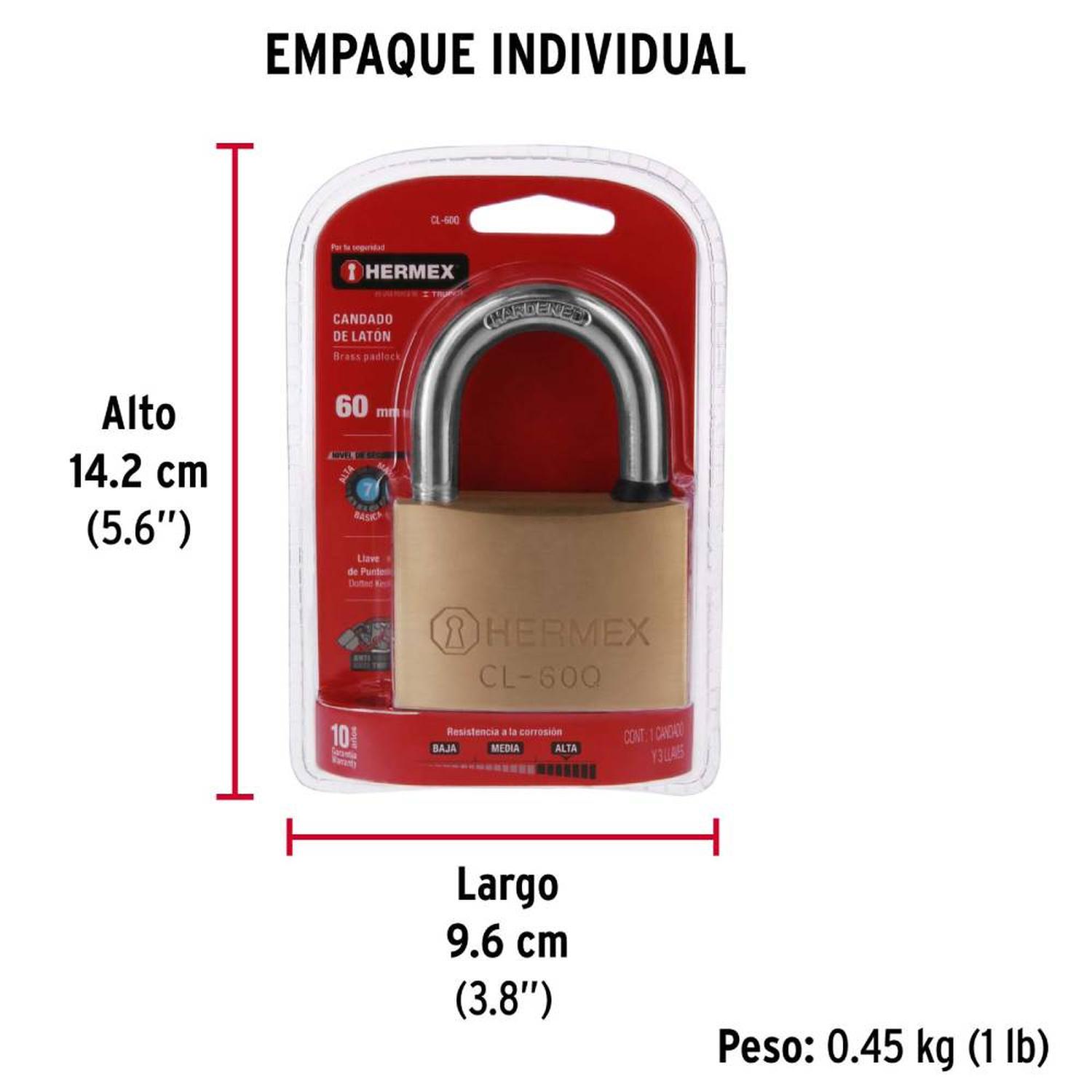 CANDADO DE LATON 60 MM ARCO CORTO CON LLAVE DE PUNTOS NIVEL 7 HERMEX 43302 - 5