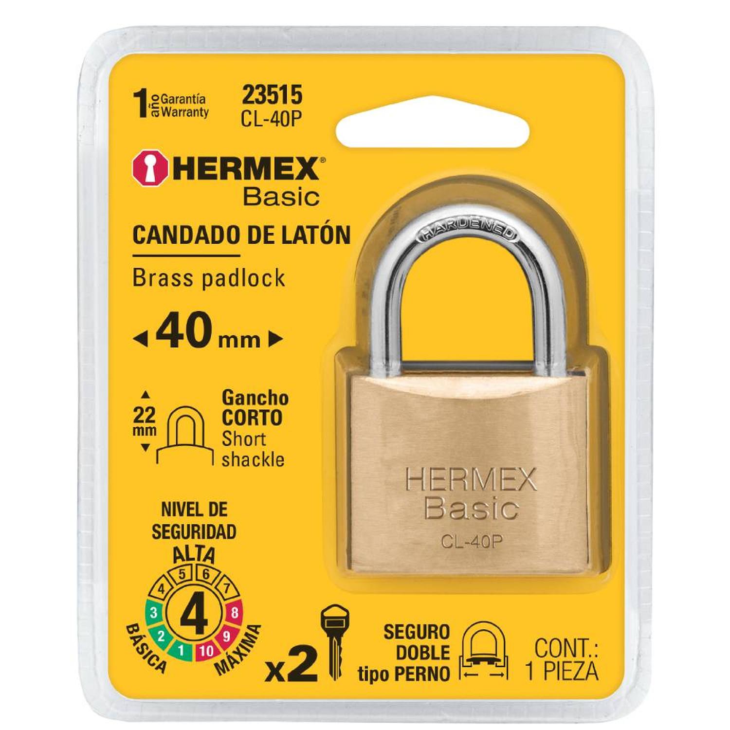 CANDADO DE LATON 40 MM ARCO CORTO CON LLAVE TRADICIONAL NIVEL 4 HERMEX 23515 - 2