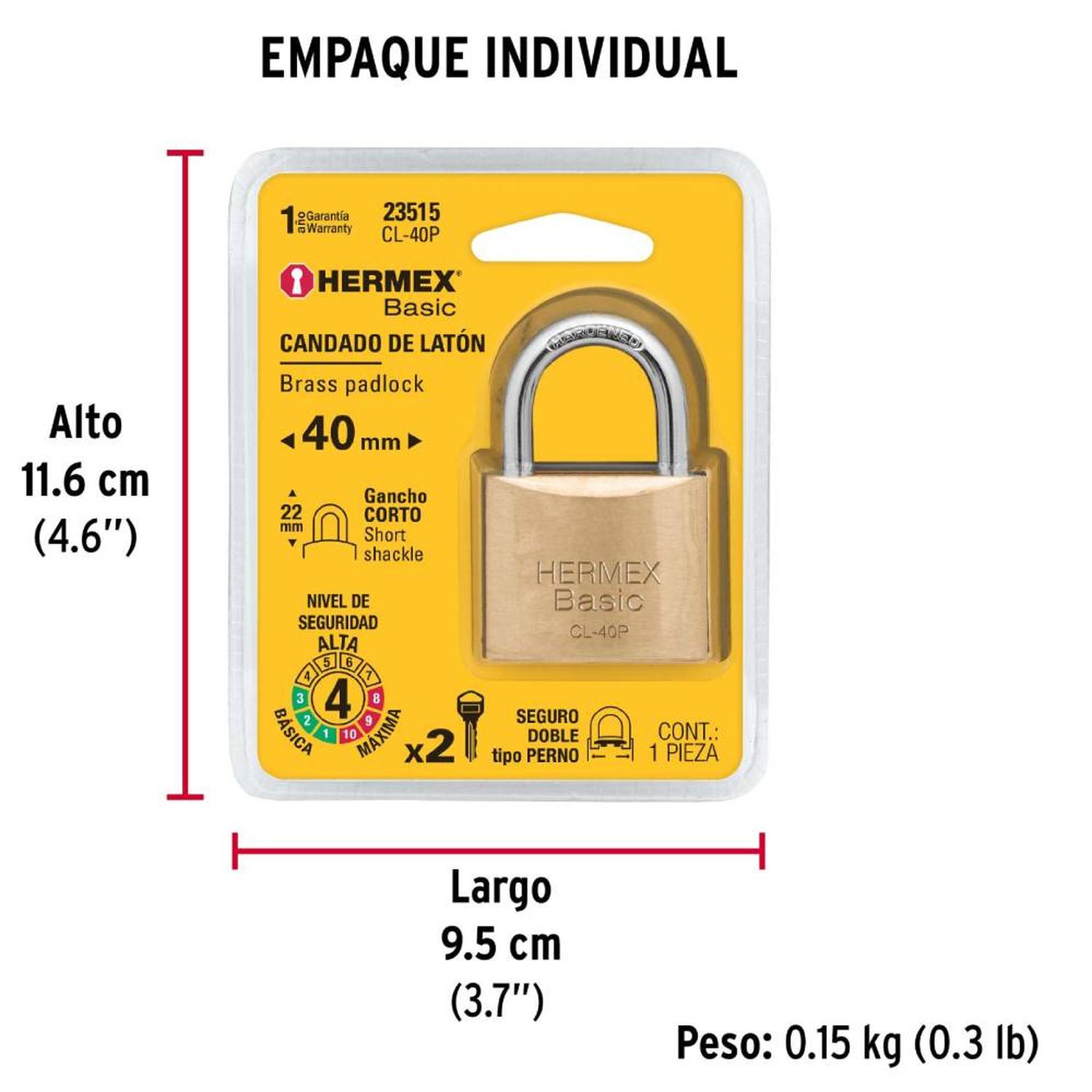 CANDADO DE LATON 40 MM ARCO CORTO CON LLAVE TRADICIONAL NIVEL 4 HERMEX 23515 - 5