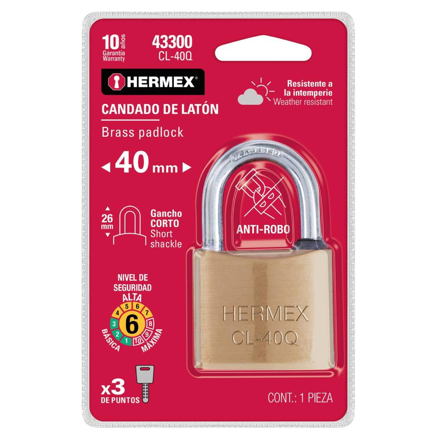 CANDADO DE LATON 40 MM ARCO CORTO CON LLAVE DE PUNTOS NIVEL 6 HERMEX 43300 - 2