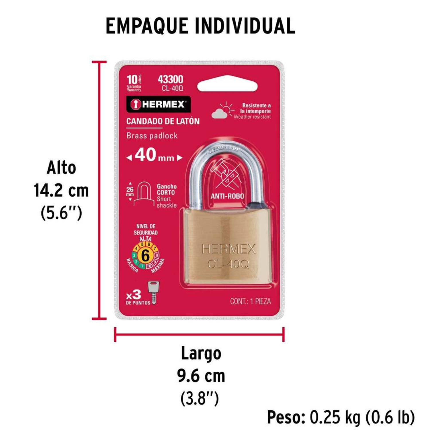 CANDADO DE LATON 40 MM ARCO CORTO CON LLAVE DE PUNTOS NIVEL 6 HERMEX 43300 - 5