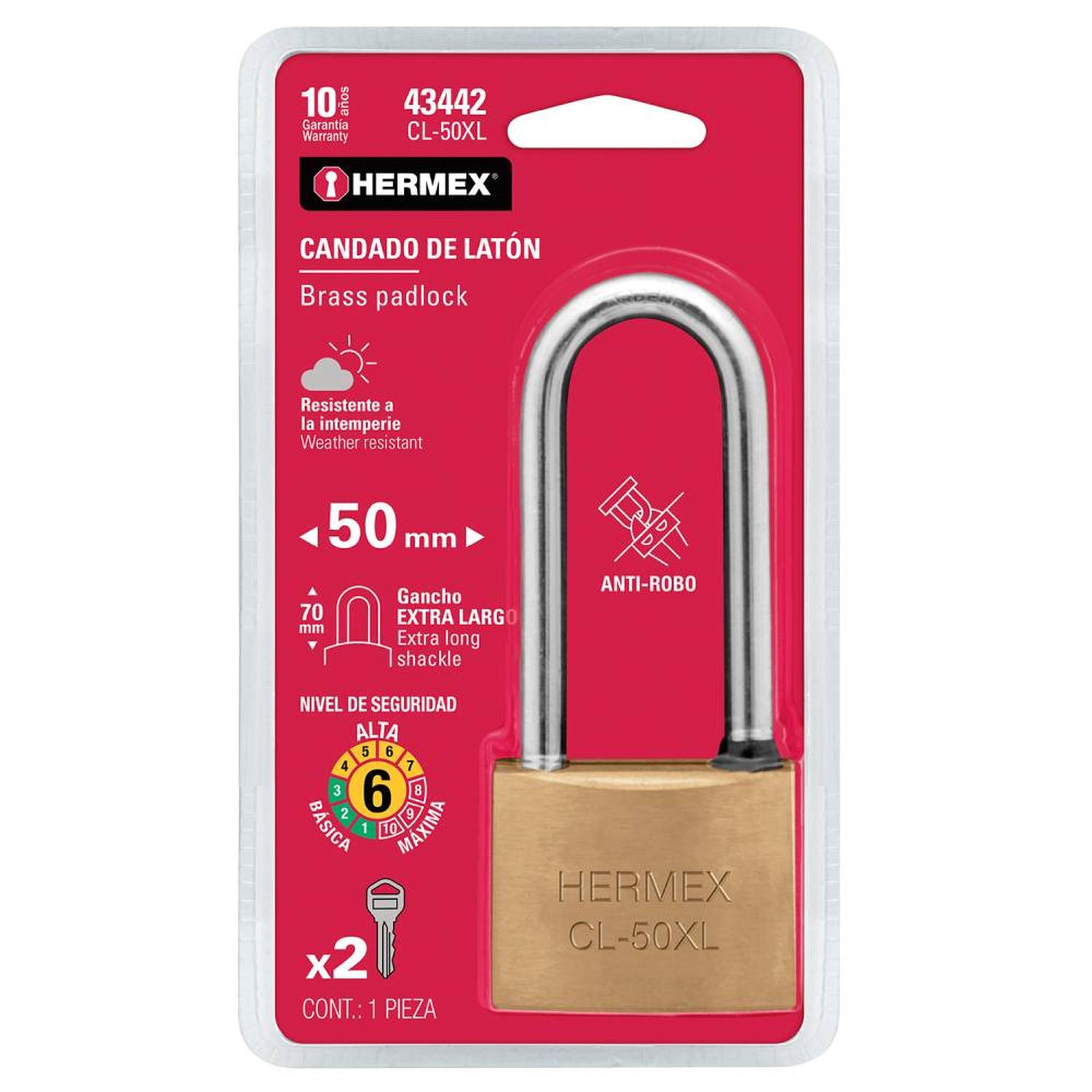 CANDADO DE LATON 50 MM ARCO EXTRA LARGO CON LLAVE TRADICIONAL NIVEL 6 HERMEX 43442 - 2