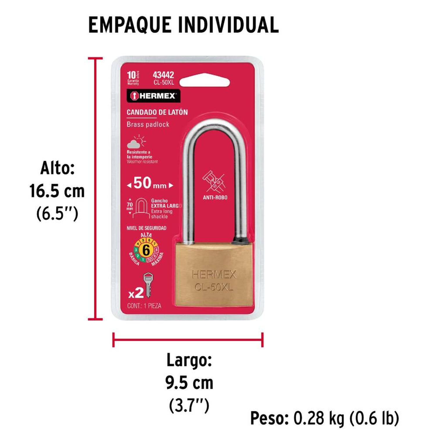 CANDADO DE LATON 50 MM ARCO EXTRA LARGO CON LLAVE TRADICIONAL NIVEL 6 HERMEX 43442 - 5