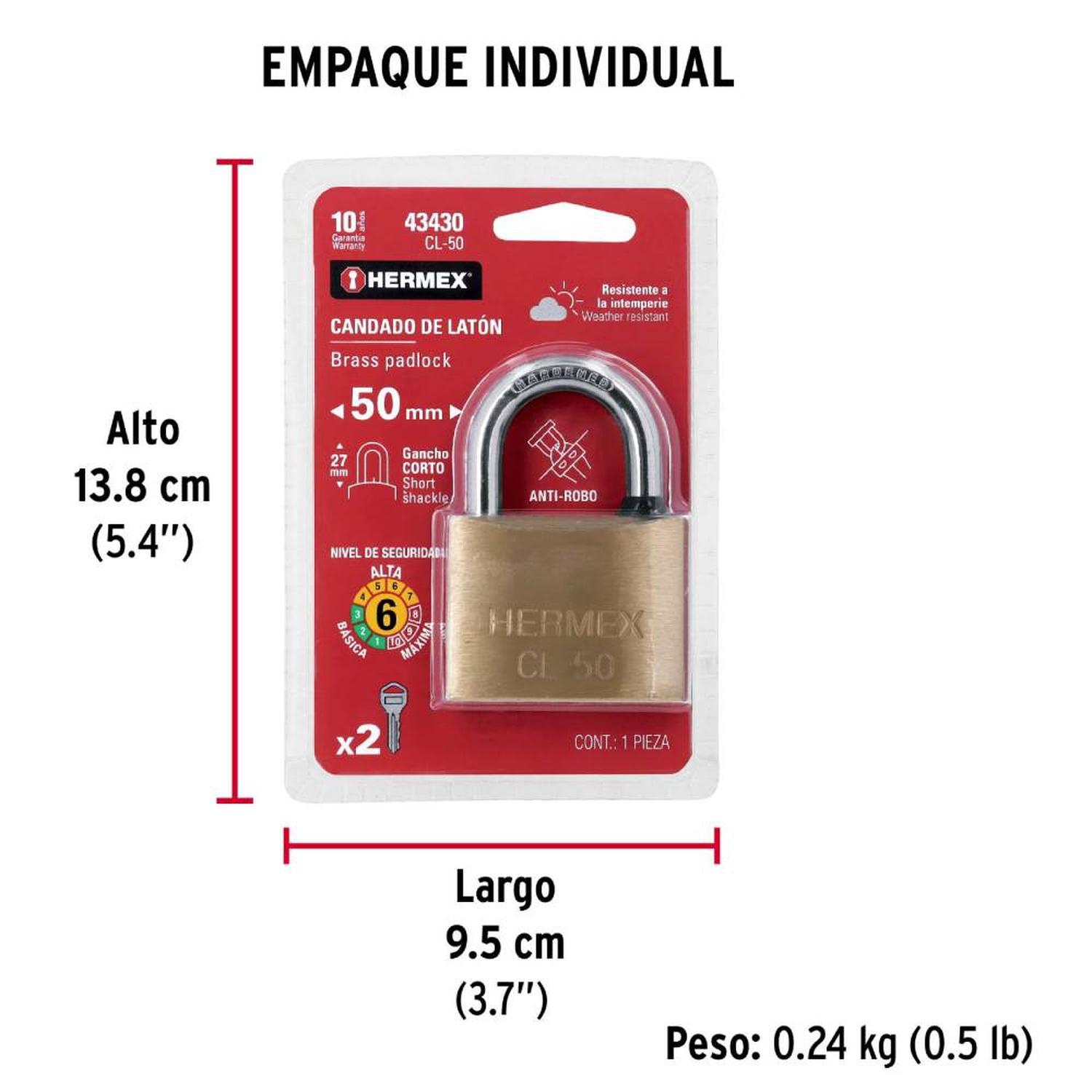 CANDADO DE LATON 50 MM ARCO CORTO CON LLAVE TRADICIONAL NIVEL 6 HERMEX 43430 - 5