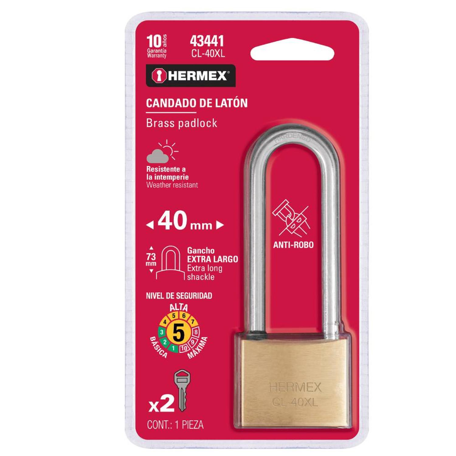 CANDADO DE LATON 40 MM ARCO EXTRA LARGO CON LLAVE TRADICIONAL NIVEL 5 HERMEX 43441 - 2