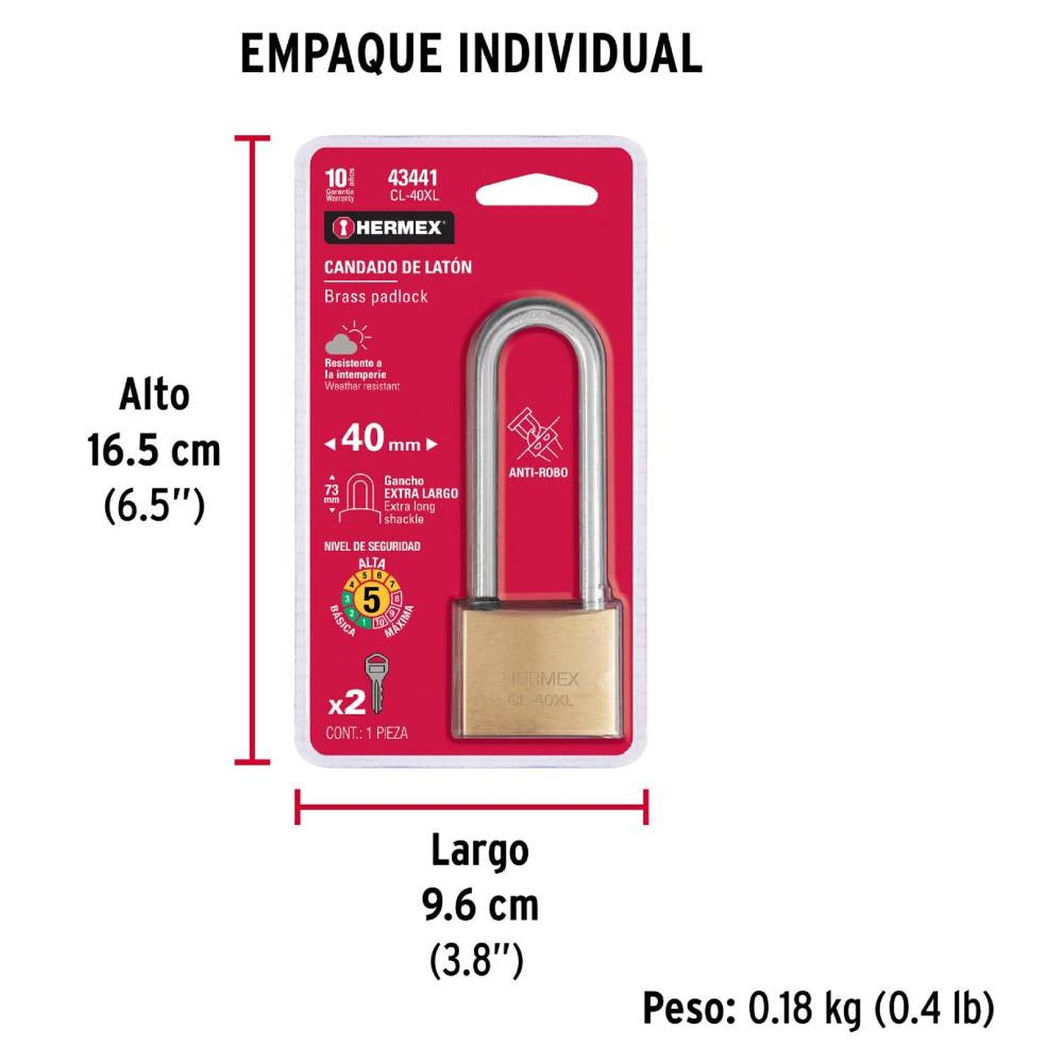 CANDADO DE LATON 40 MM ARCO EXTRA LARGO CON LLAVE TRADICIONAL NIVEL 5 HERMEX 43441 - 5