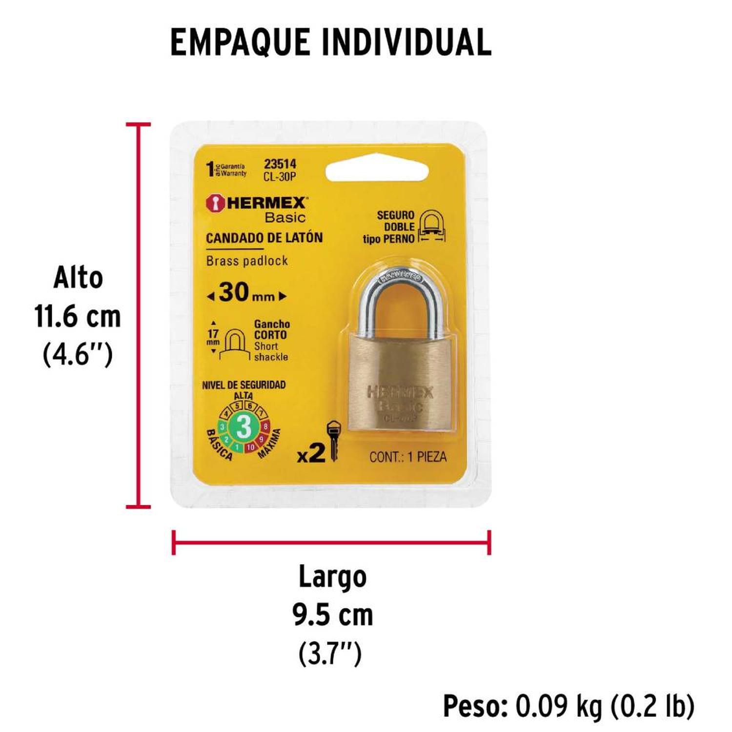 CANDADO DE LATON 30 MM ARCO CORTO CON LLAVE TRADICIONAL NIVEL 3 HERMEX 23514 - 5