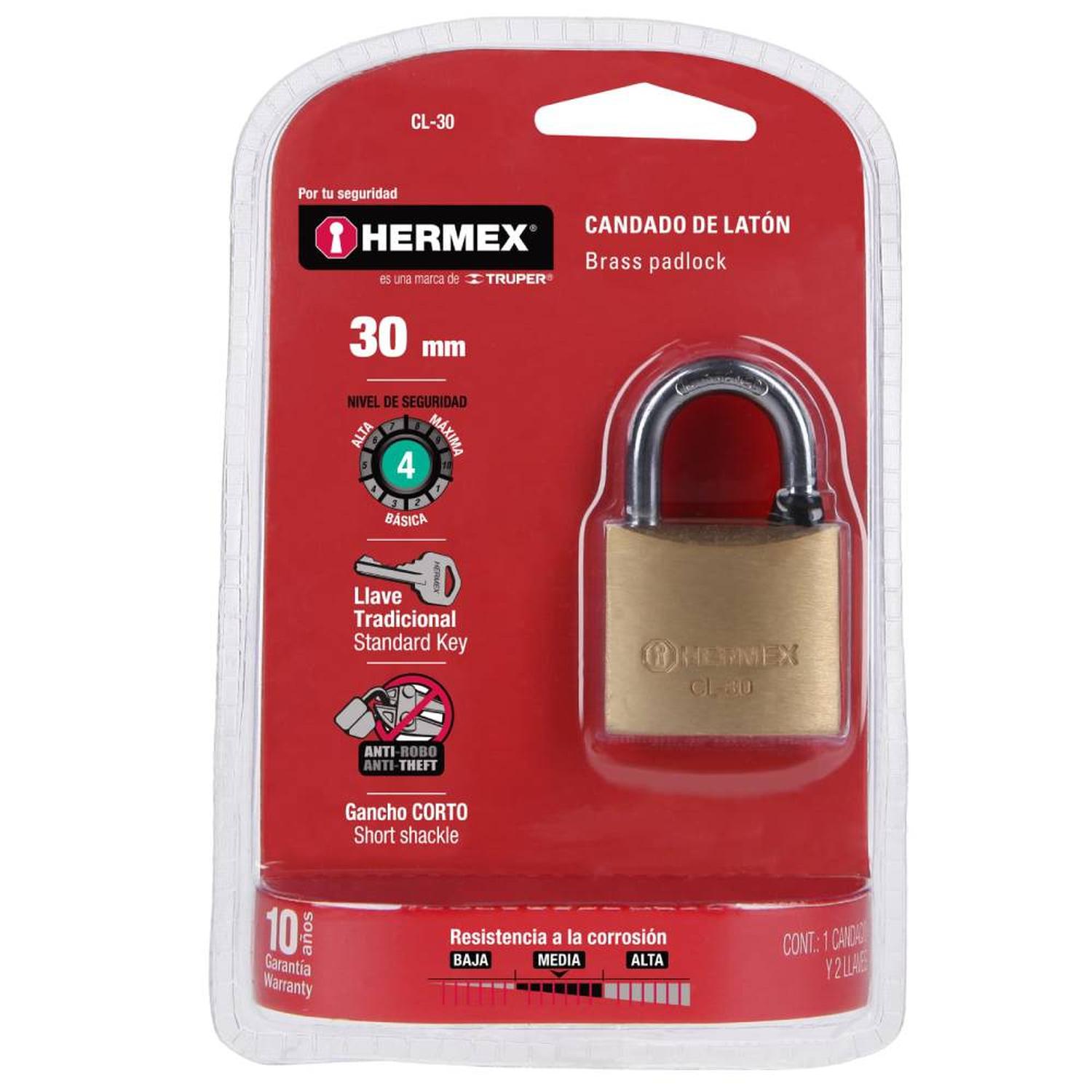 CANDADO DE LATON 30 MM ARCO CORTO CON LLAVE TRADICIONAL NIVEL 4 HERMEX 43427 - 2