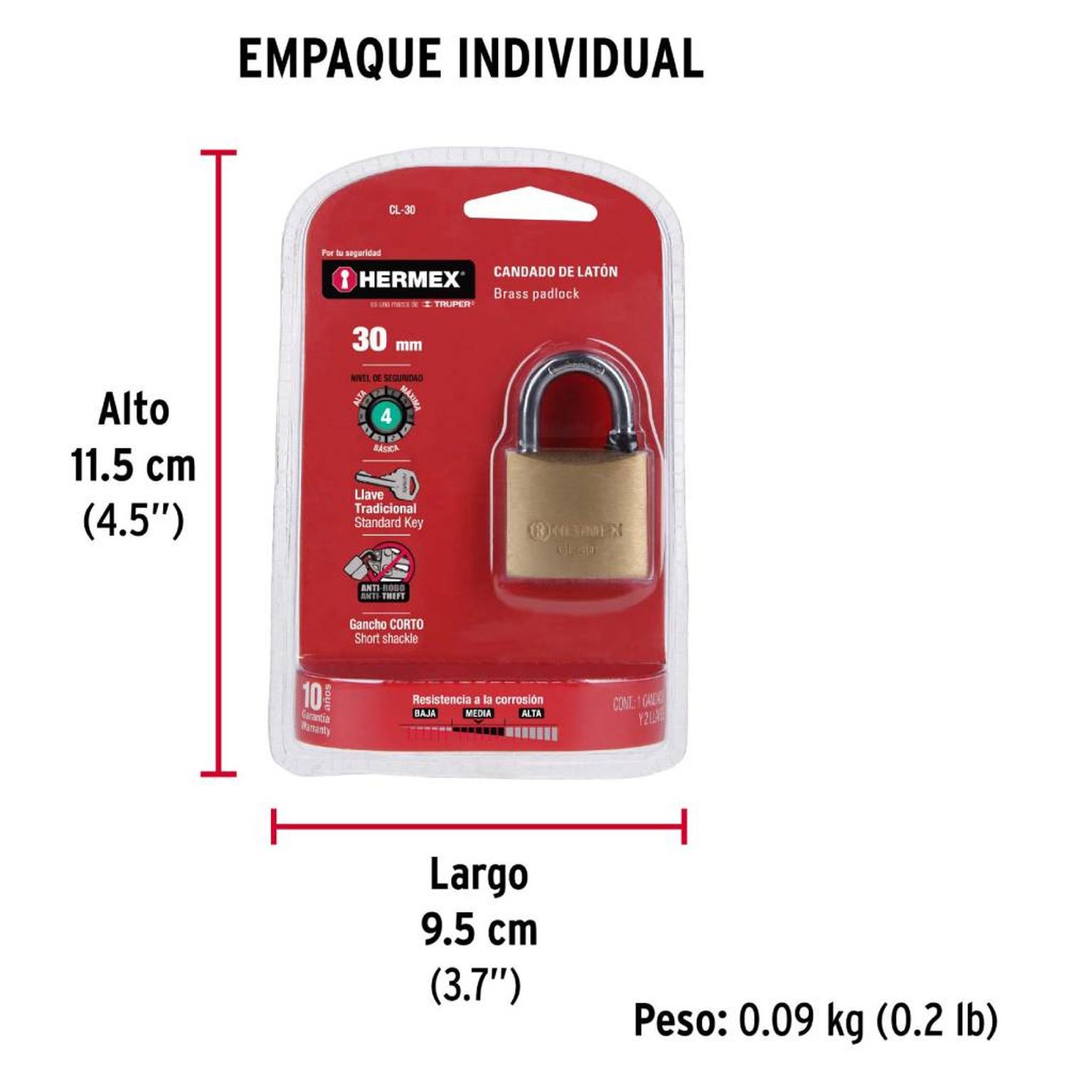 CANDADO DE LATON 30 MM ARCO CORTO CON LLAVE TRADICIONAL NIVEL 4 HERMEX 43427 - 5