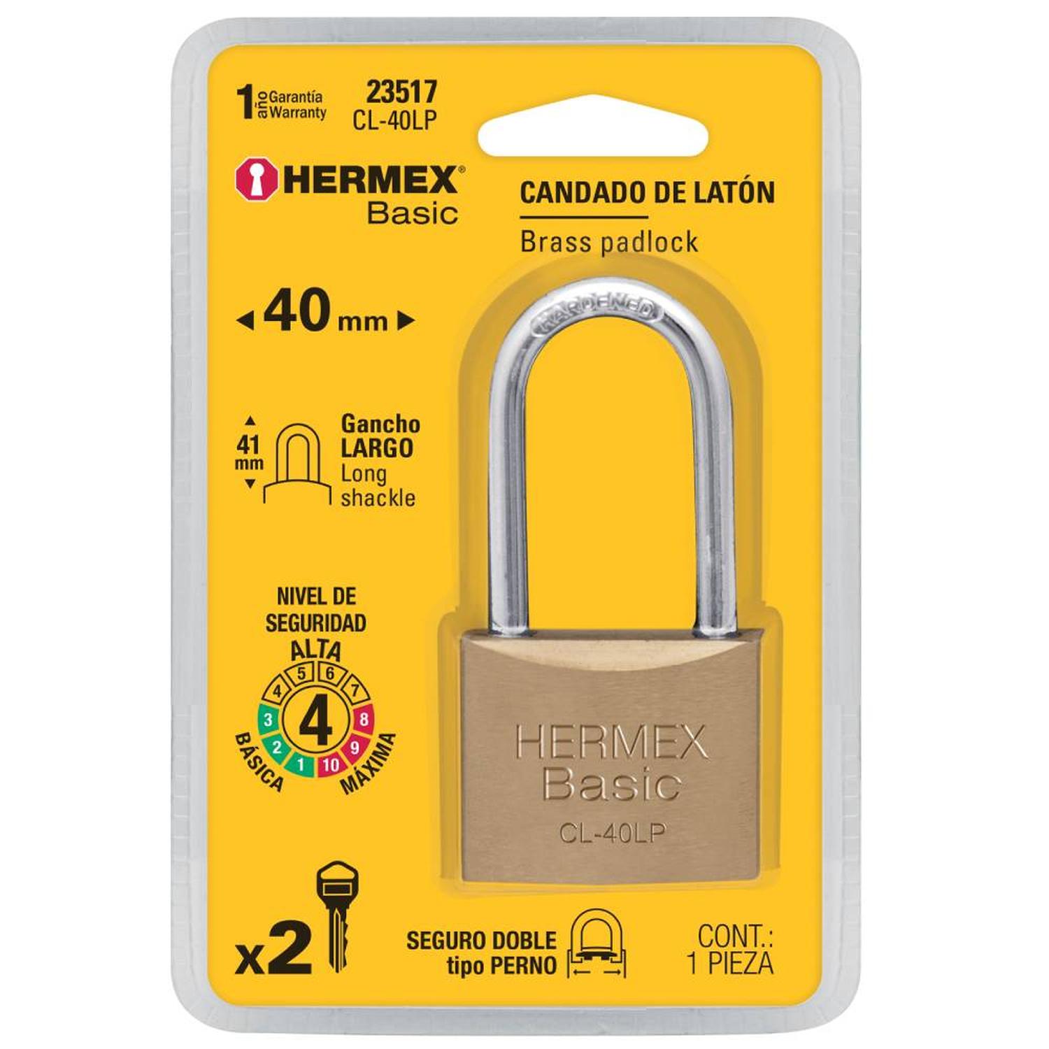 CANDADO DE LATON 40 MM ARCO LARGO CON LLAVE TRADICIONAL NIVEL 4 HERMEX 23517 - 2