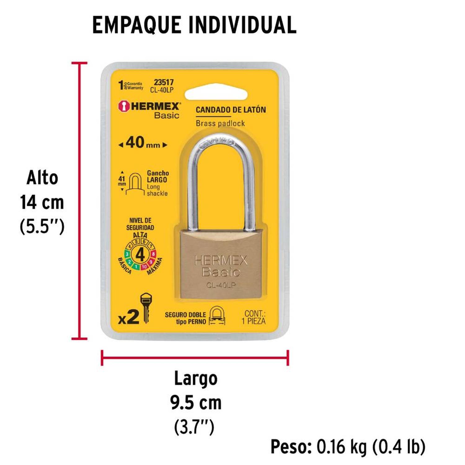CANDADO DE LATON 40 MM ARCO LARGO CON LLAVE TRADICIONAL NIVEL 4 HERMEX 23517 - 5